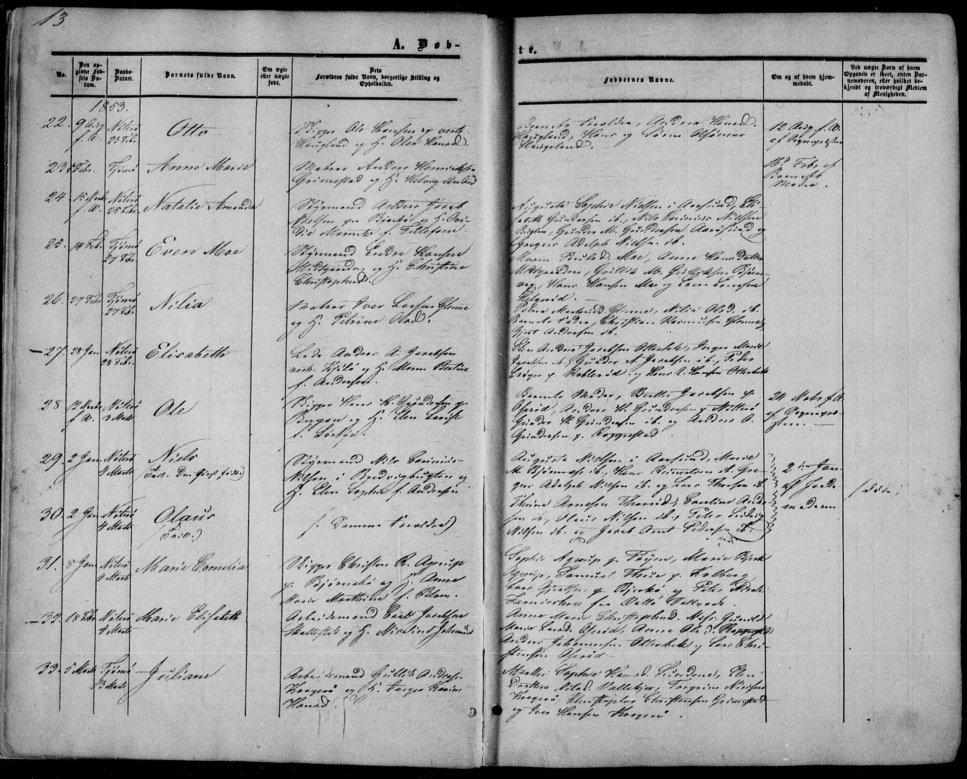 Nøtterøy kirkebøker, AV/SAKO-A-354/F/Fa/L0006: Parish register (official) no. I 6, 1852-1864, p. 13