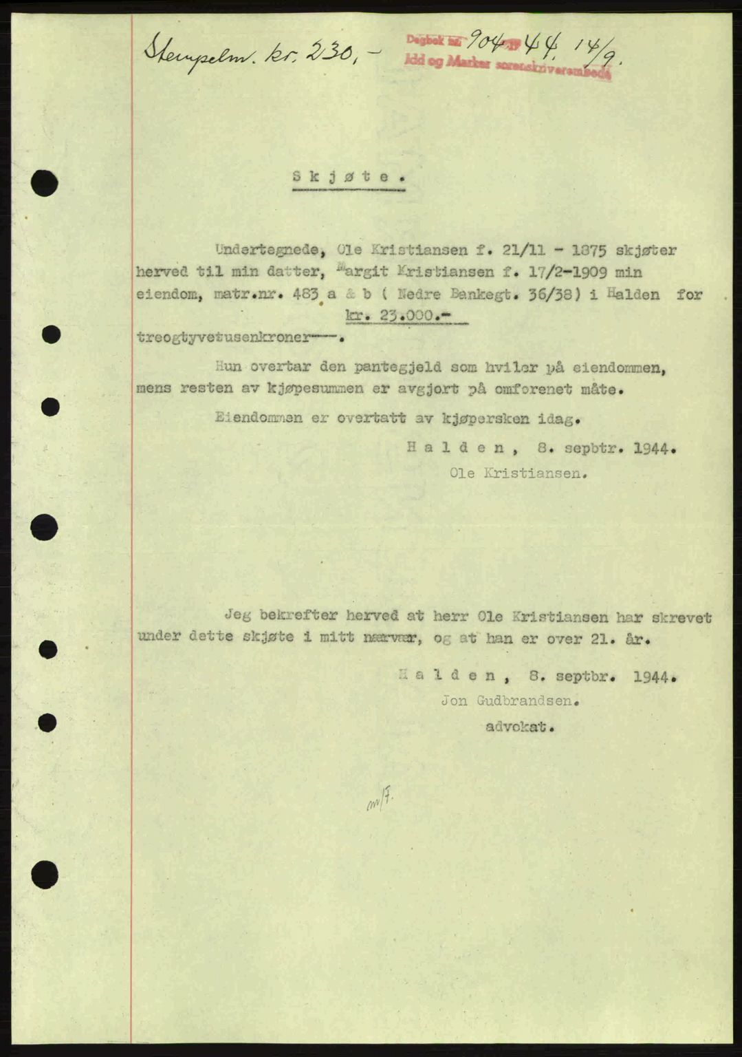 Idd og Marker sorenskriveri, AV/SAO-A-10283/G/Gb/Gbb/L0007: Mortgage book no. A7, 1944-1945, Diary no: : 904/1944