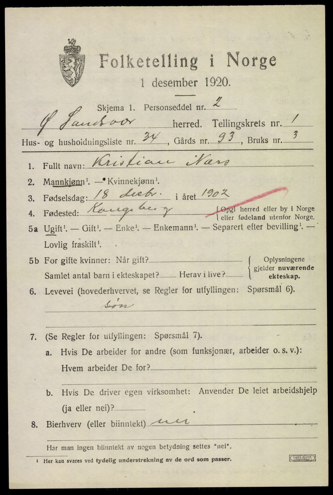 SAKO, 1920 census for Øvre Sandsvær, 1920, p. 1344