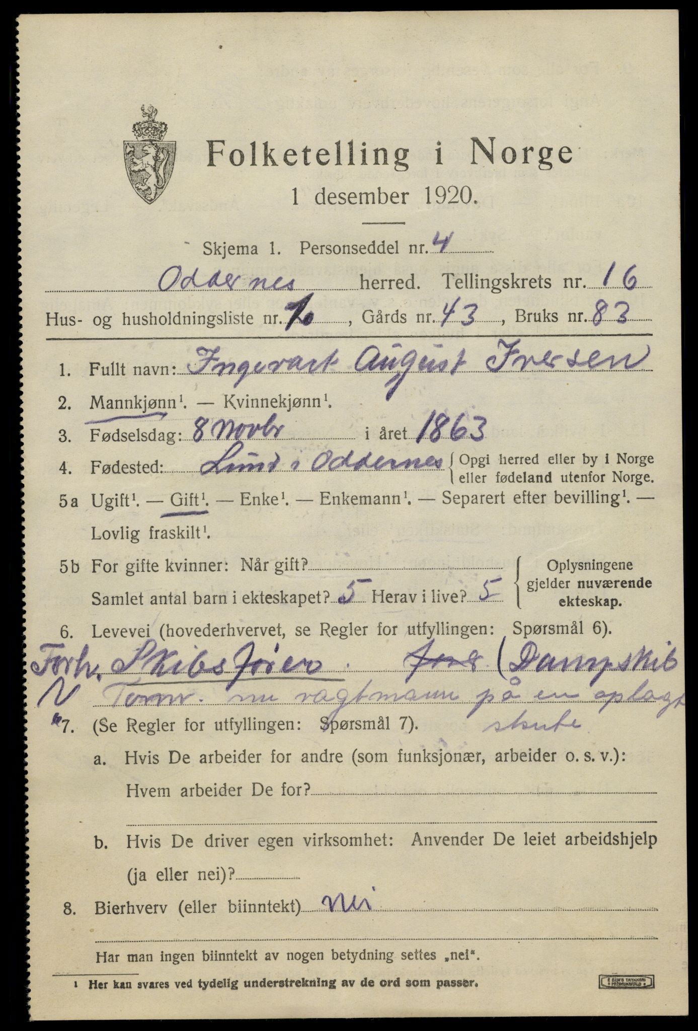 SAK, 1920 census for Oddernes, 1920, p. 11139