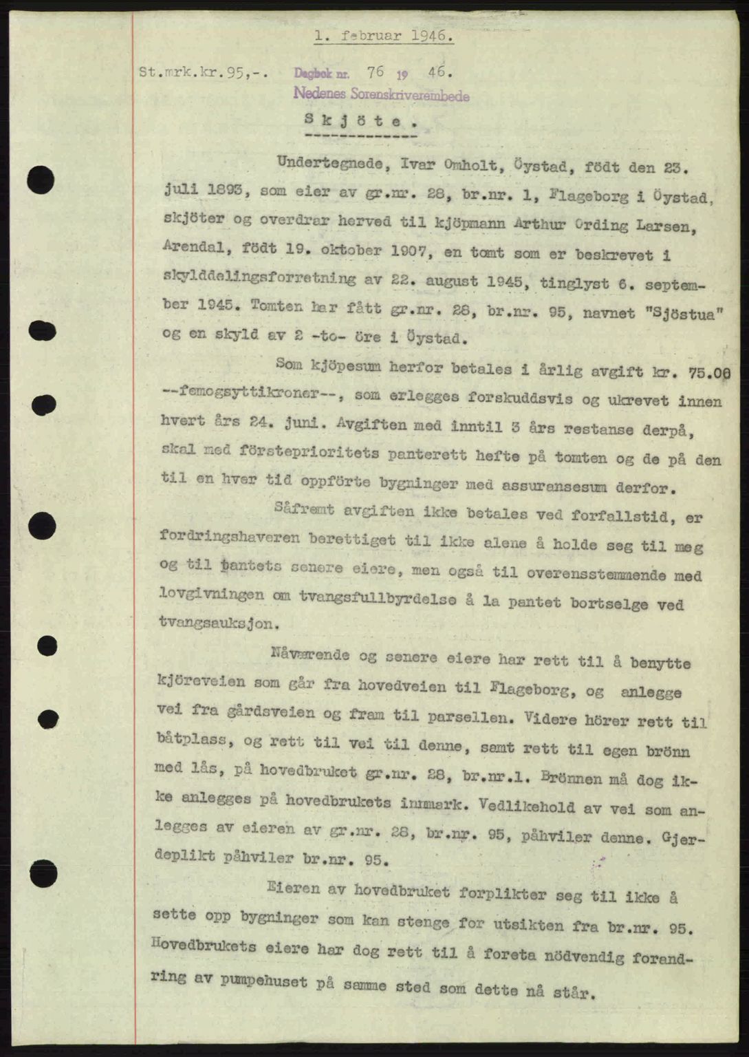 Nedenes sorenskriveri, AV/SAK-1221-0006/G/Gb/Gba/L0054: Mortgage book no. A6c, 1946-1946, Diary no: : 76/1946