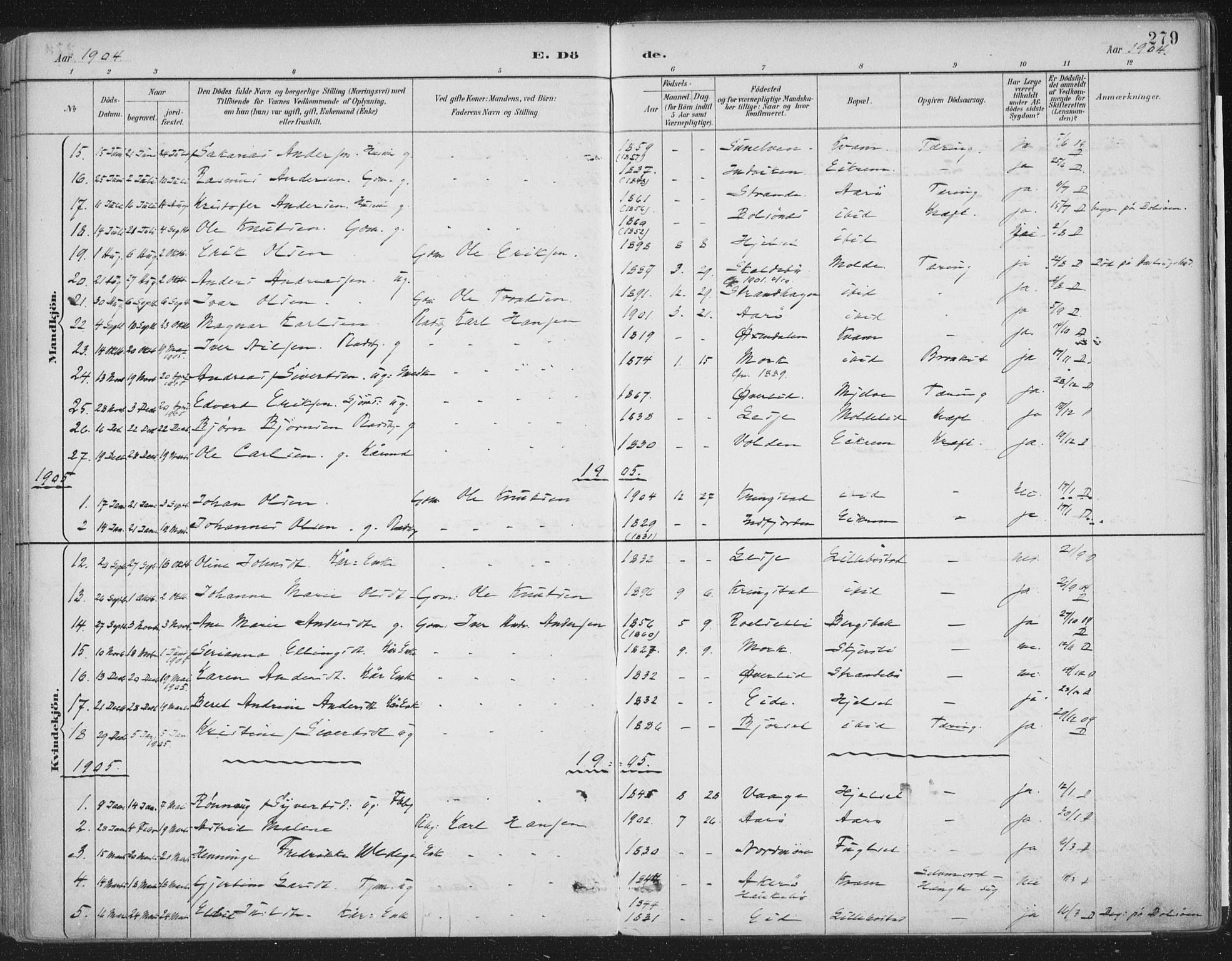 Ministerialprotokoller, klokkerbøker og fødselsregistre - Møre og Romsdal, SAT/A-1454/555/L0658: Parish register (official) no. 555A09, 1887-1917, p. 279