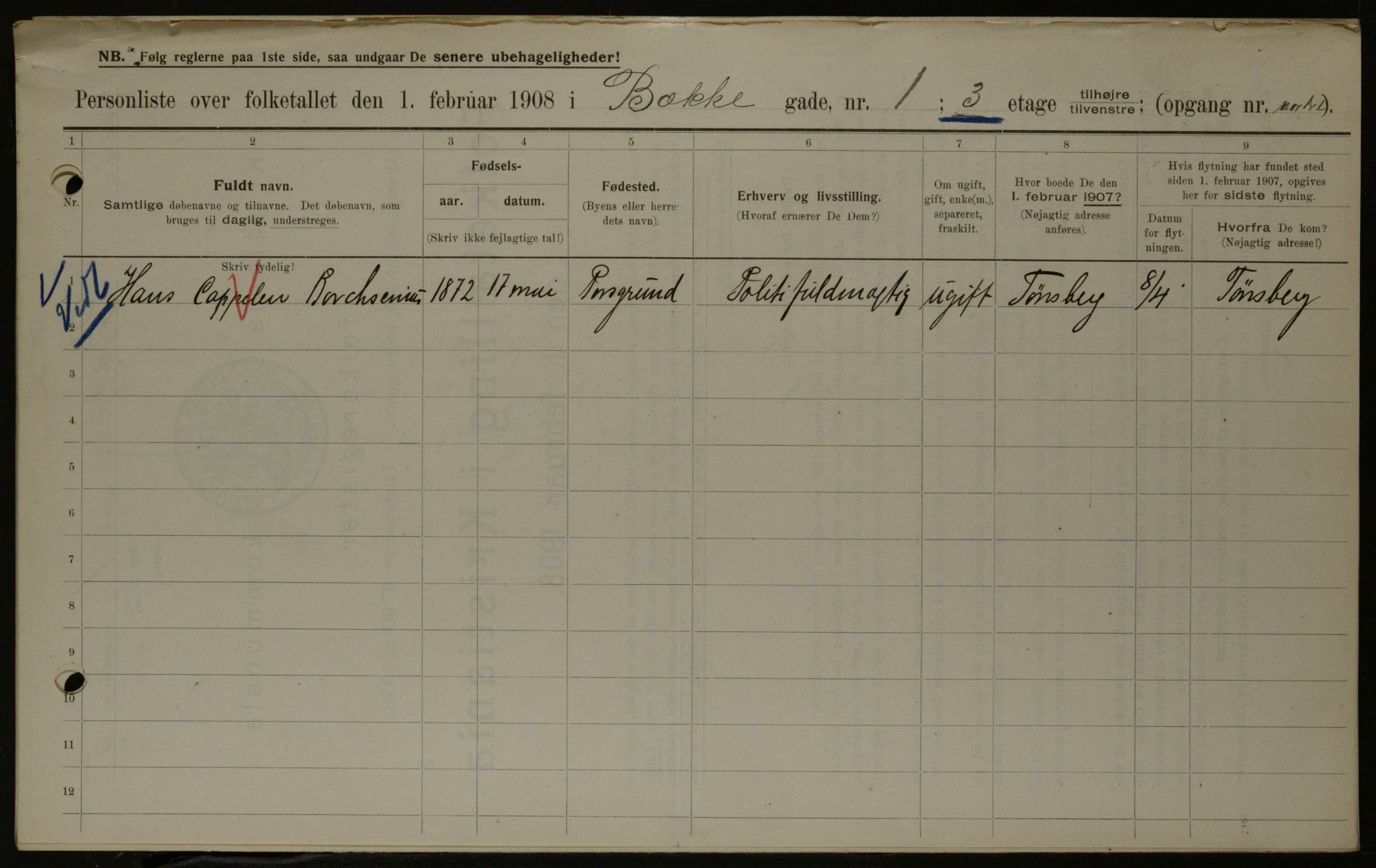 OBA, Municipal Census 1908 for Kristiania, 1908, p. 3451