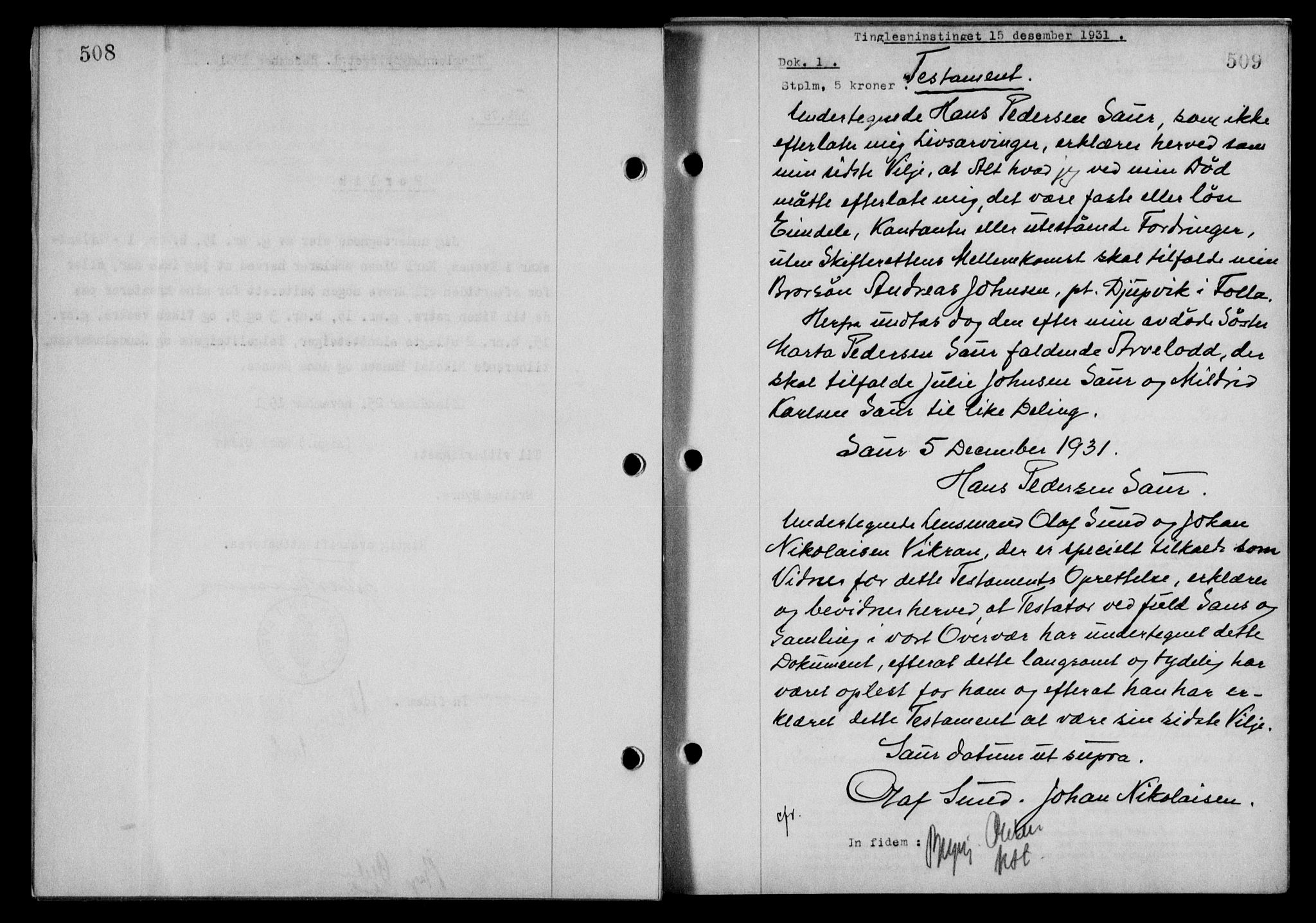 Steigen og Ofoten sorenskriveri, SAT/A-0030/1/2/2C/L0019: Mortgage book no. 22, 1931-1931, Deed date: 15.12.1931