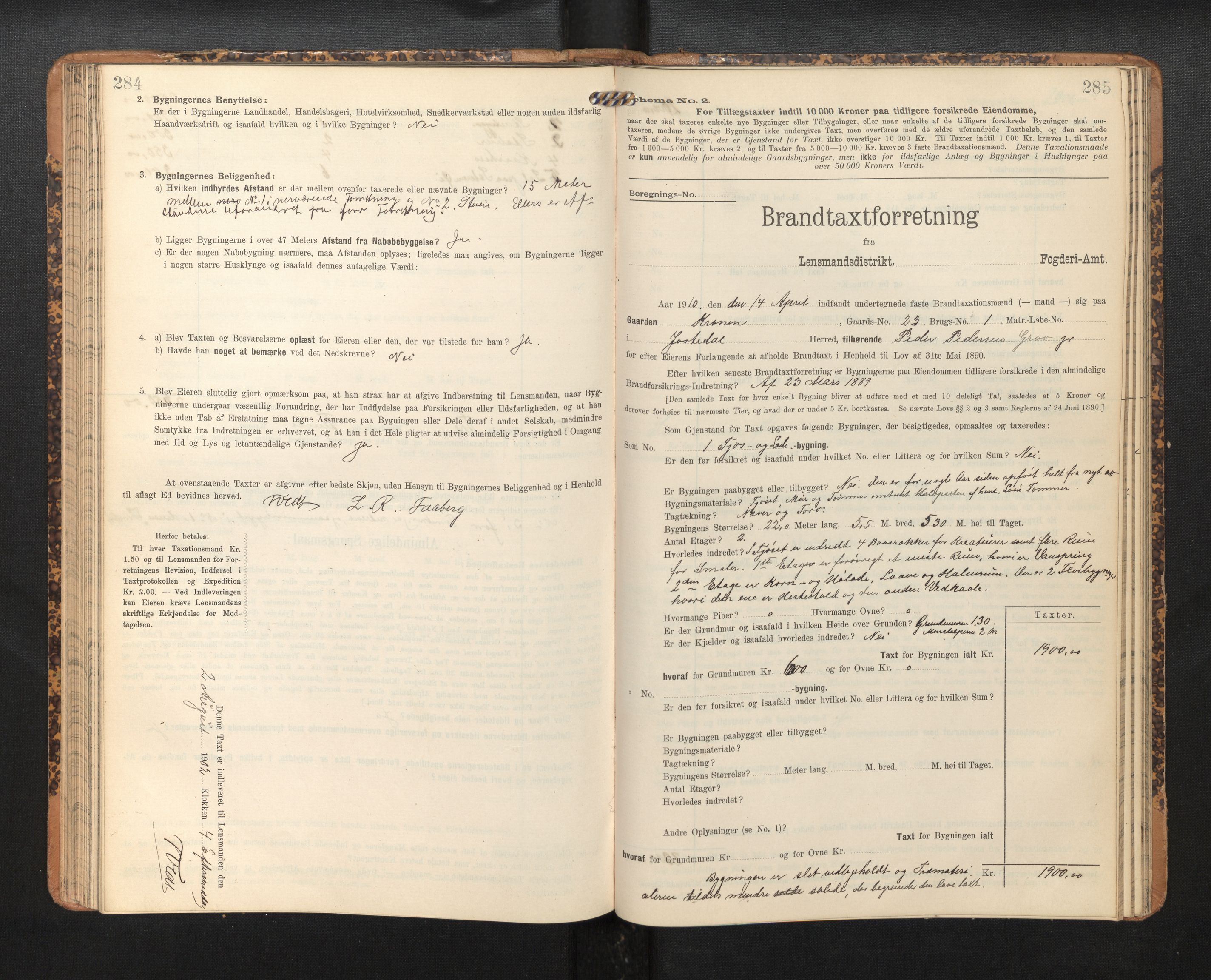 Lensmannen i Jostedal, SAB/A-28601/0012/L0004: Branntakstprotokoll, skjematakst, 1906-1919, p. 284-285