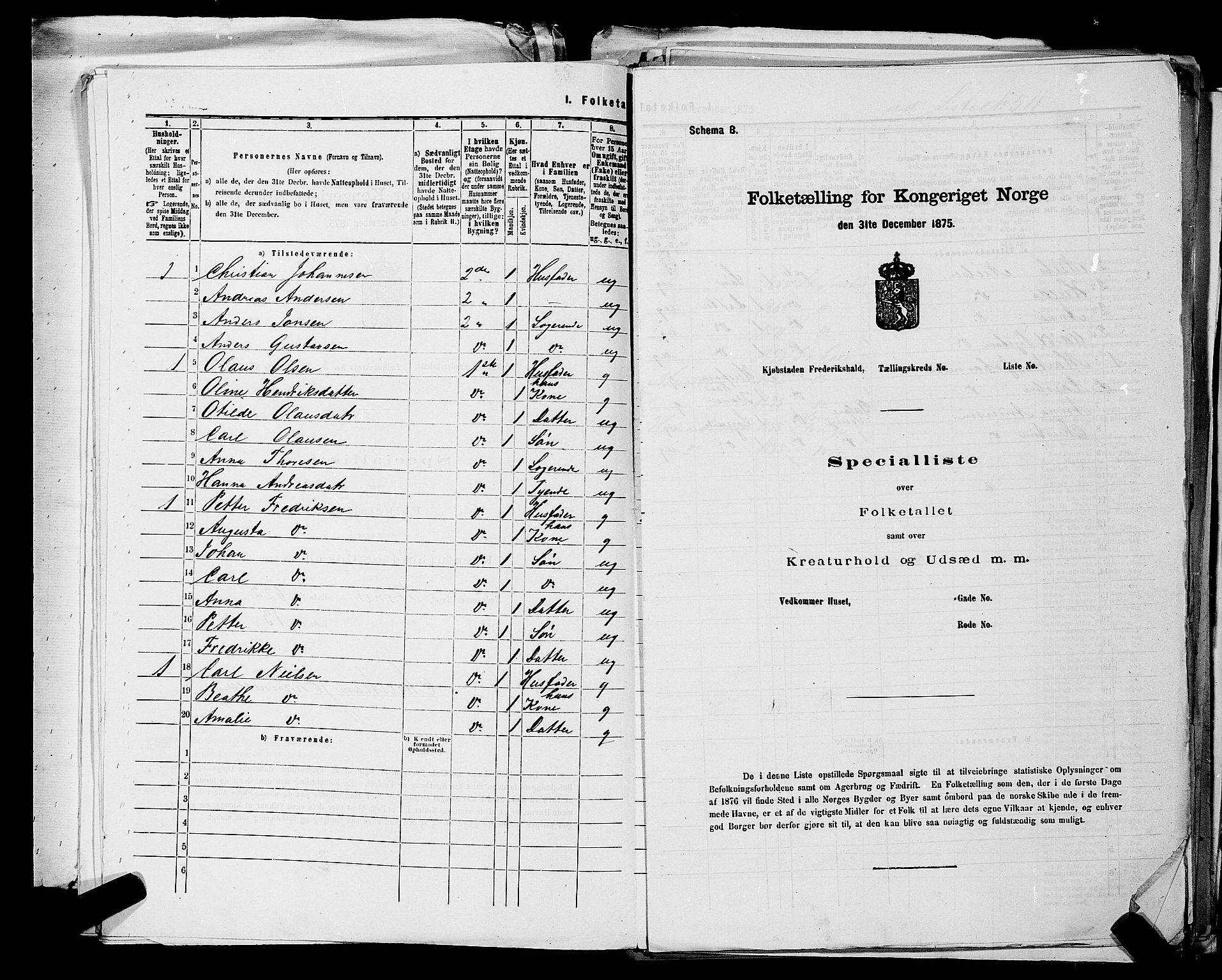 RA, 1875 census for 0101P Fredrikshald, 1875, p. 1138