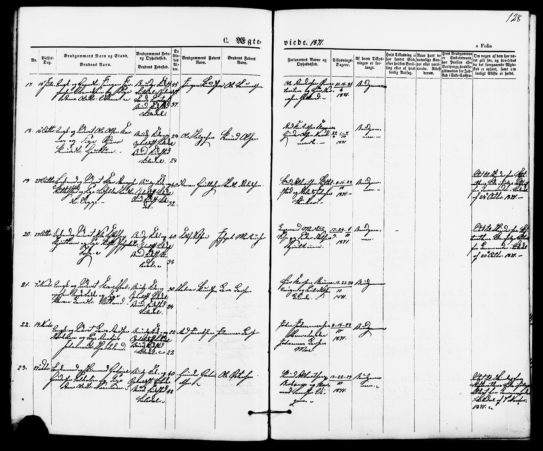 Suldal sokneprestkontor, AV/SAST-A-101845/01/IV/L0010: Parish register (official) no. A 10, 1869-1878, p. 128