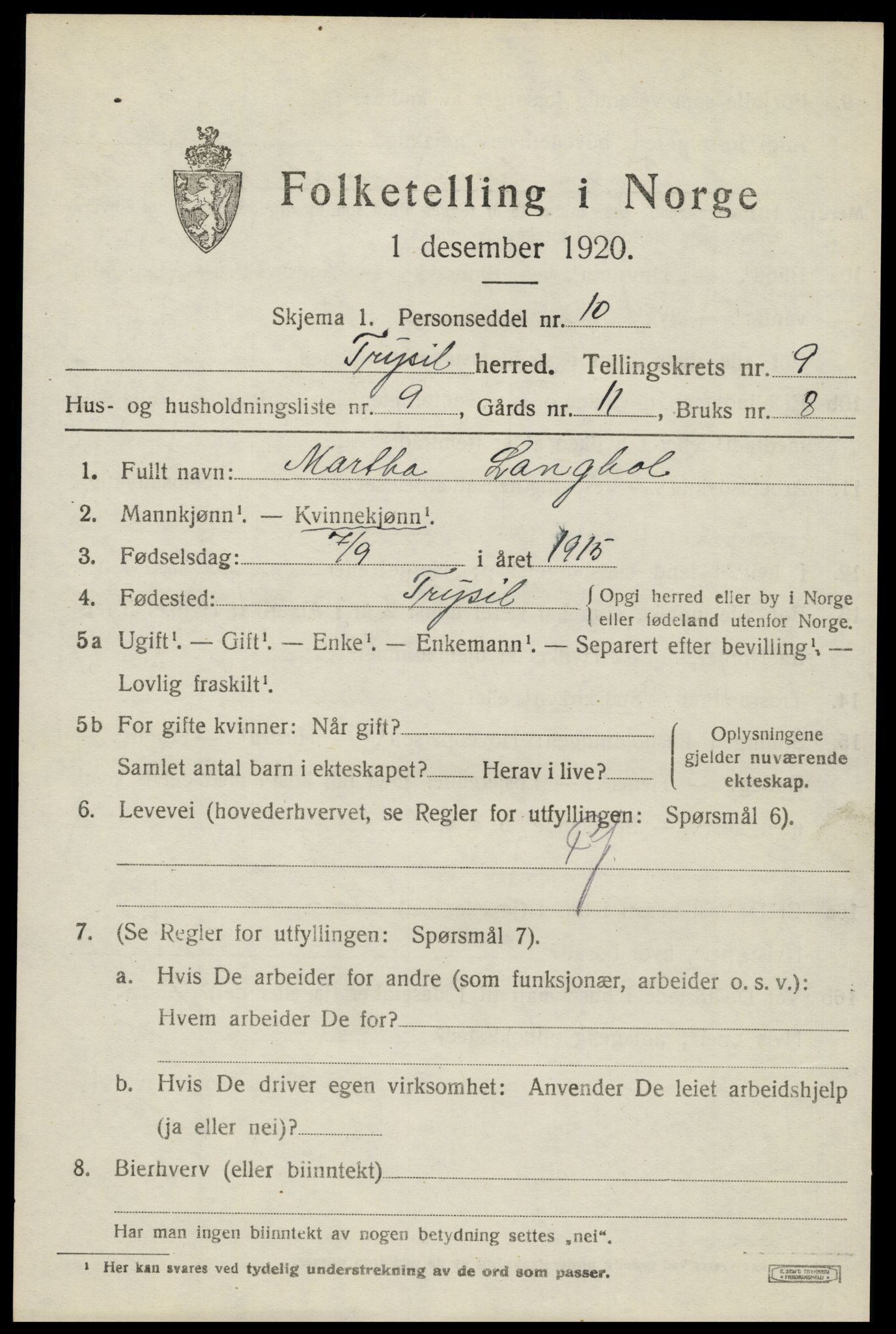 SAH, 1920 census for Trysil, 1920, p. 6661