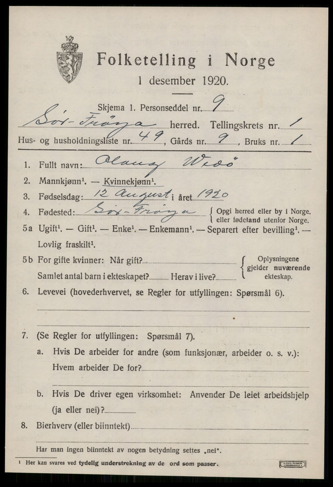 SAT, 1920 census for Sør-Frøya, 1920, p. 1505