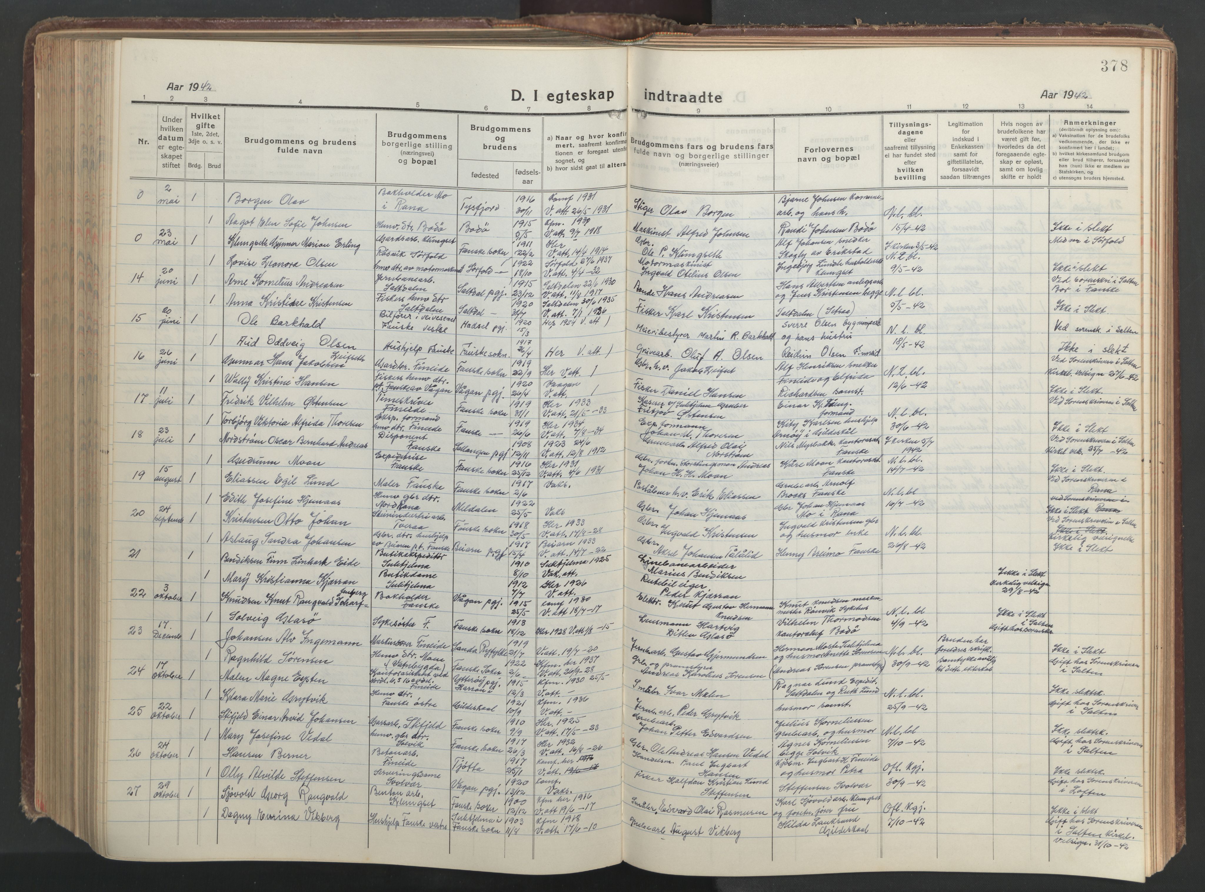 Ministerialprotokoller, klokkerbøker og fødselsregistre - Nordland, AV/SAT-A-1459/849/L0700: Parish register (copy) no. 849C01, 1919-1946, p. 378