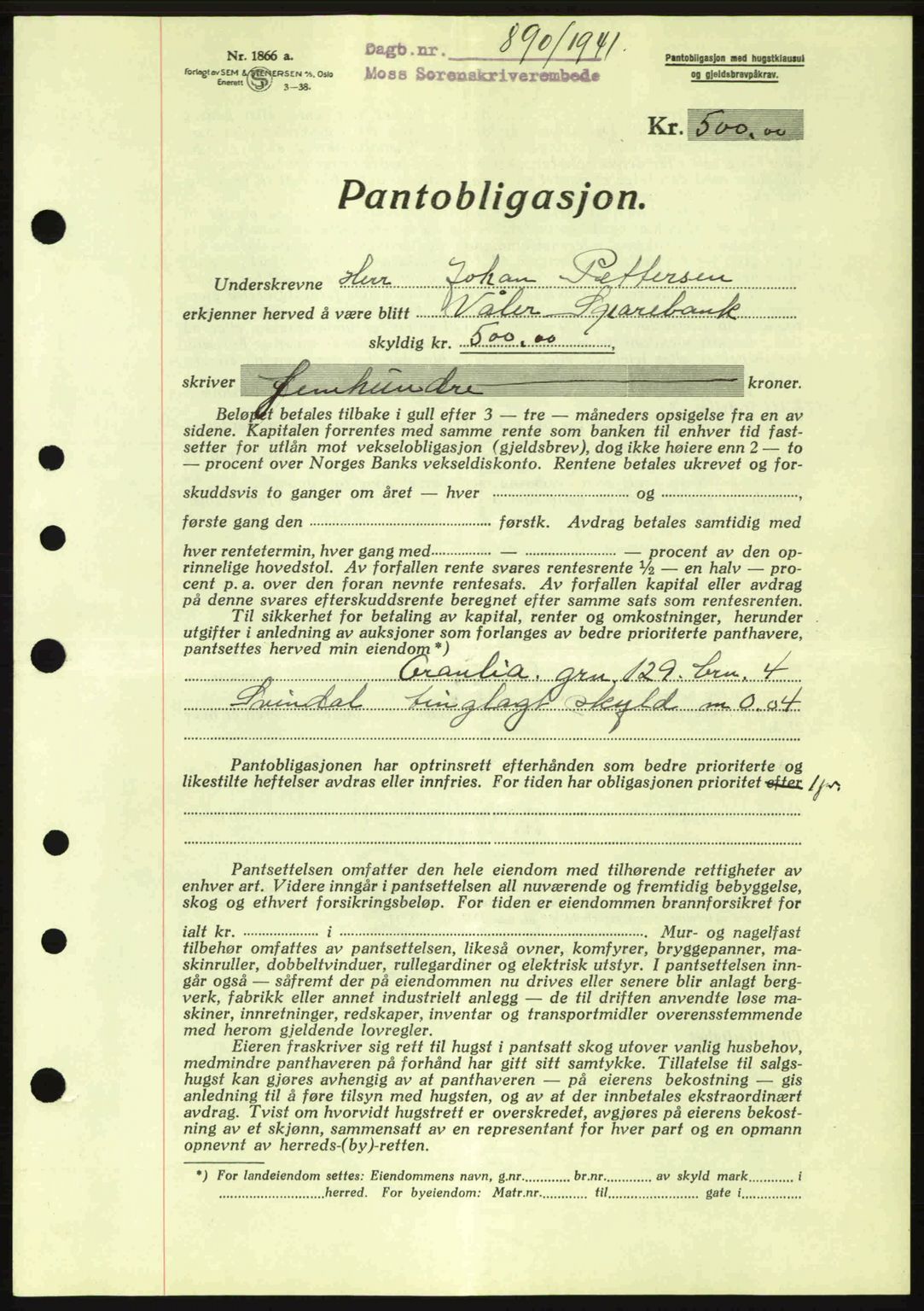 Moss sorenskriveri, SAO/A-10168: Mortgage book no. B10, 1940-1941, Diary no: : 890/1941