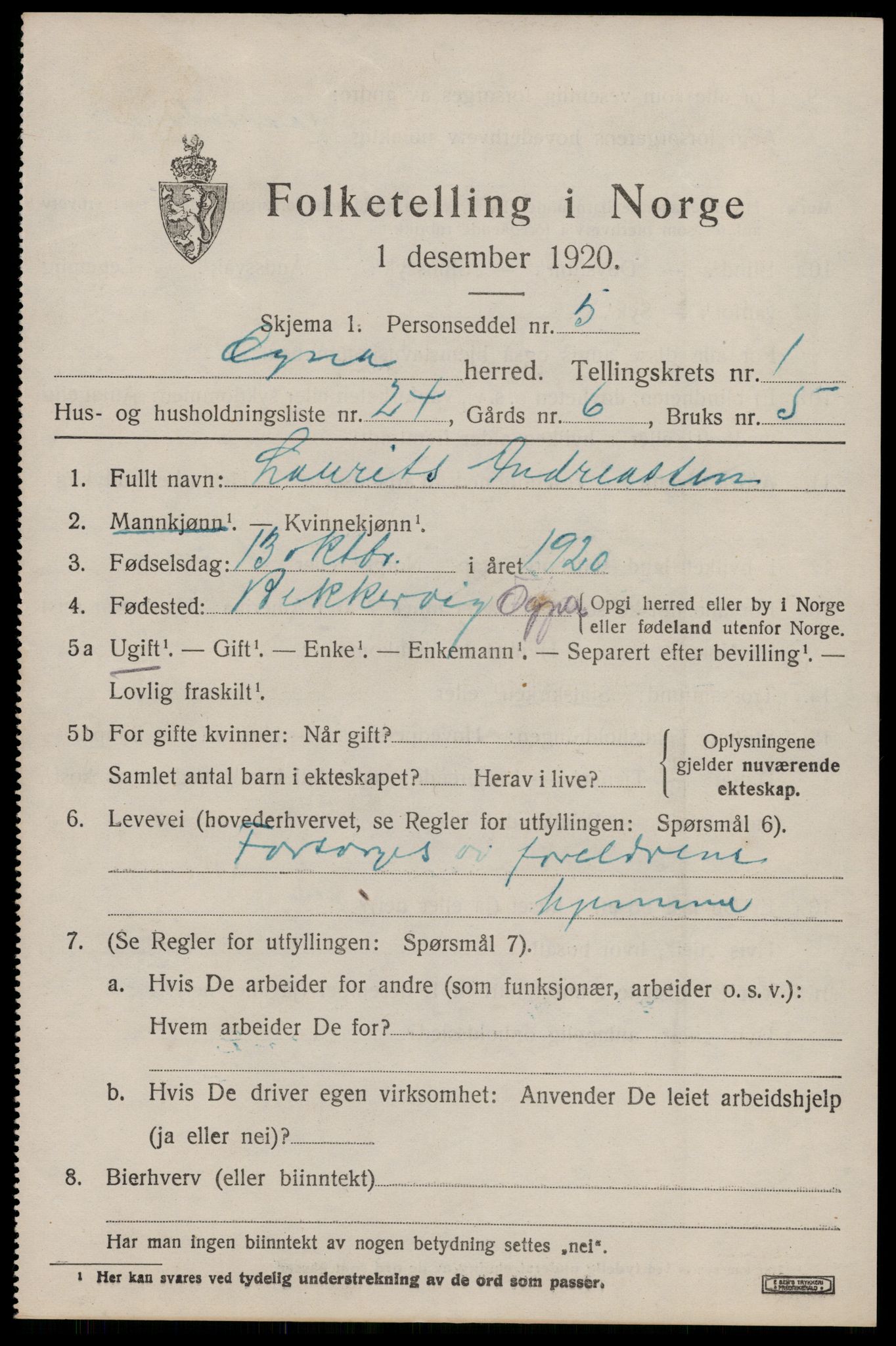 SAST, 1920 census for Ogna, 1920, p. 807