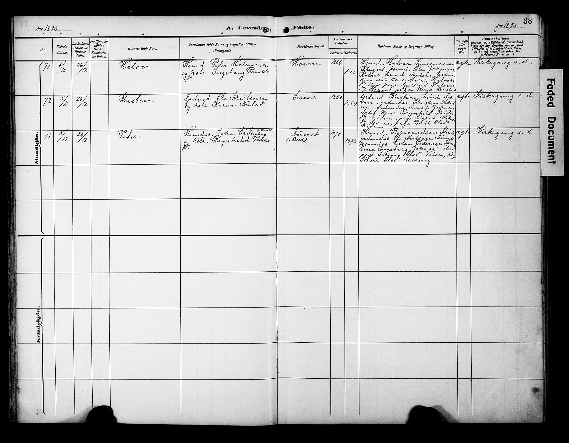 Ministerialprotokoller, klokkerbøker og fødselsregistre - Sør-Trøndelag, SAT/A-1456/695/L1149: Parish register (official) no. 695A09, 1891-1902, p. 38