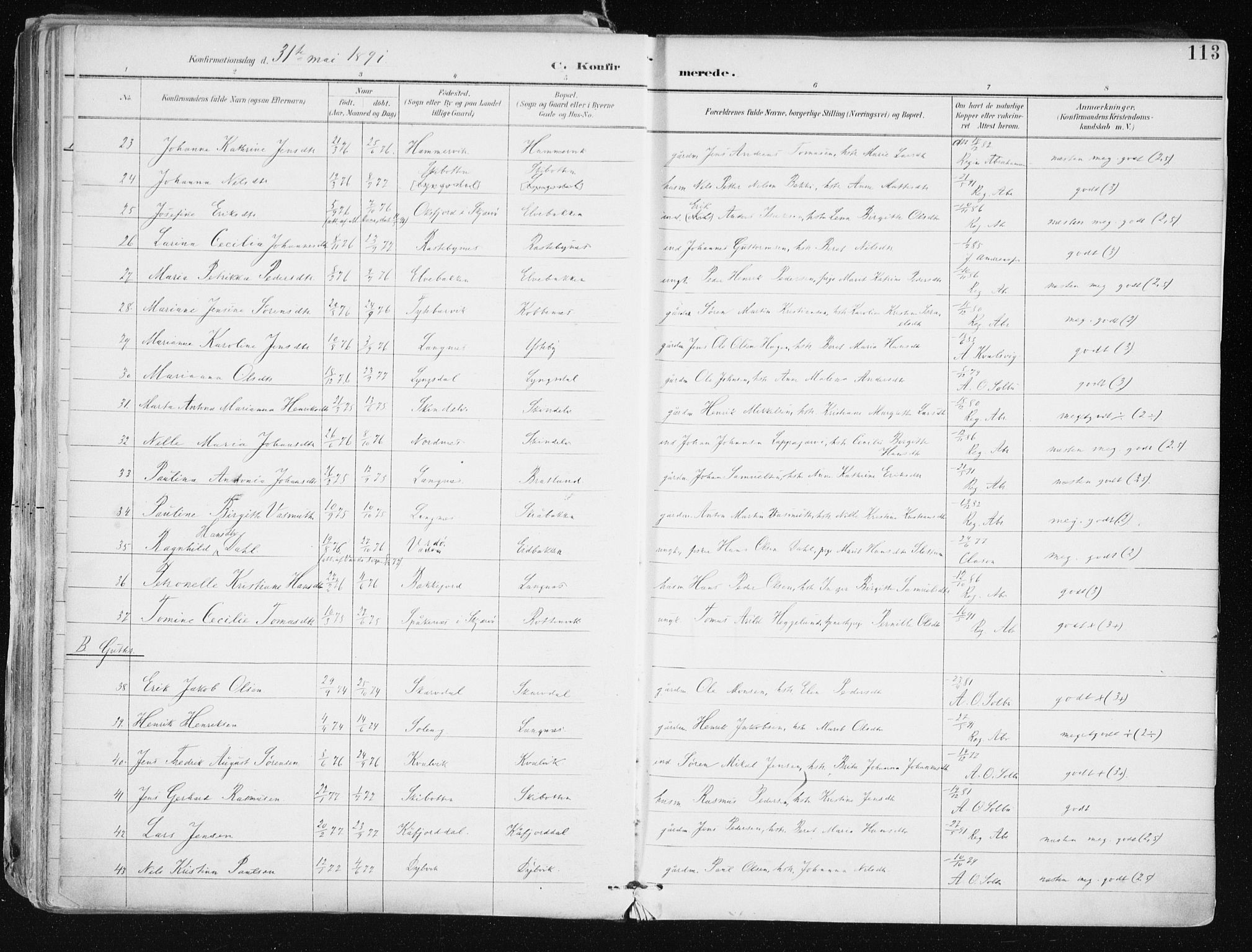 Lyngen sokneprestembete, SATØ/S-1289/H/He/Hea/L0008kirke: Parish register (official) no. 8, 1891-1902, p. 113