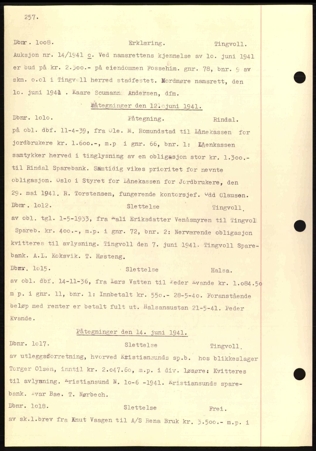 Nordmøre sorenskriveri, AV/SAT-A-4132/1/2/2Ca: Mortgage book no. C81, 1940-1945, Diary no: : 1008/1941