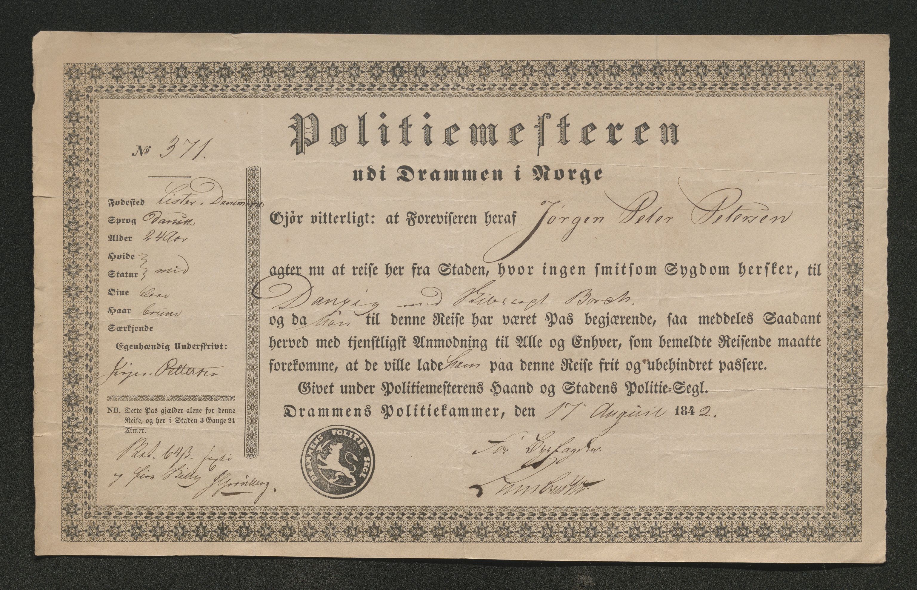 Drammen politikammer, SAKO/A-623/I/Ia/Iab/L0006: Innleverte pass, 1841-1842, p. 613