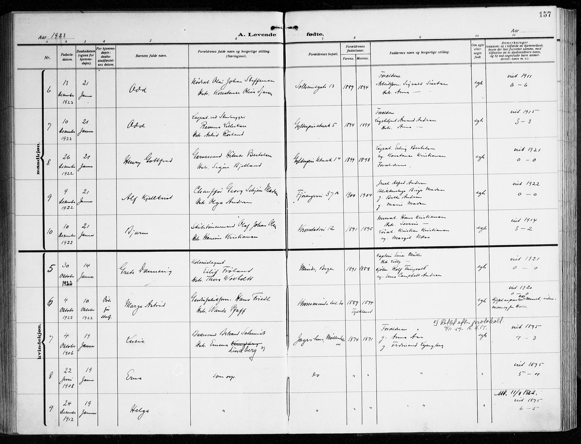 Årstad Sokneprestembete, AV/SAB-A-79301/H/Haa/L0004: Parish register (official) no. A 4, 1919-1928, p. 157