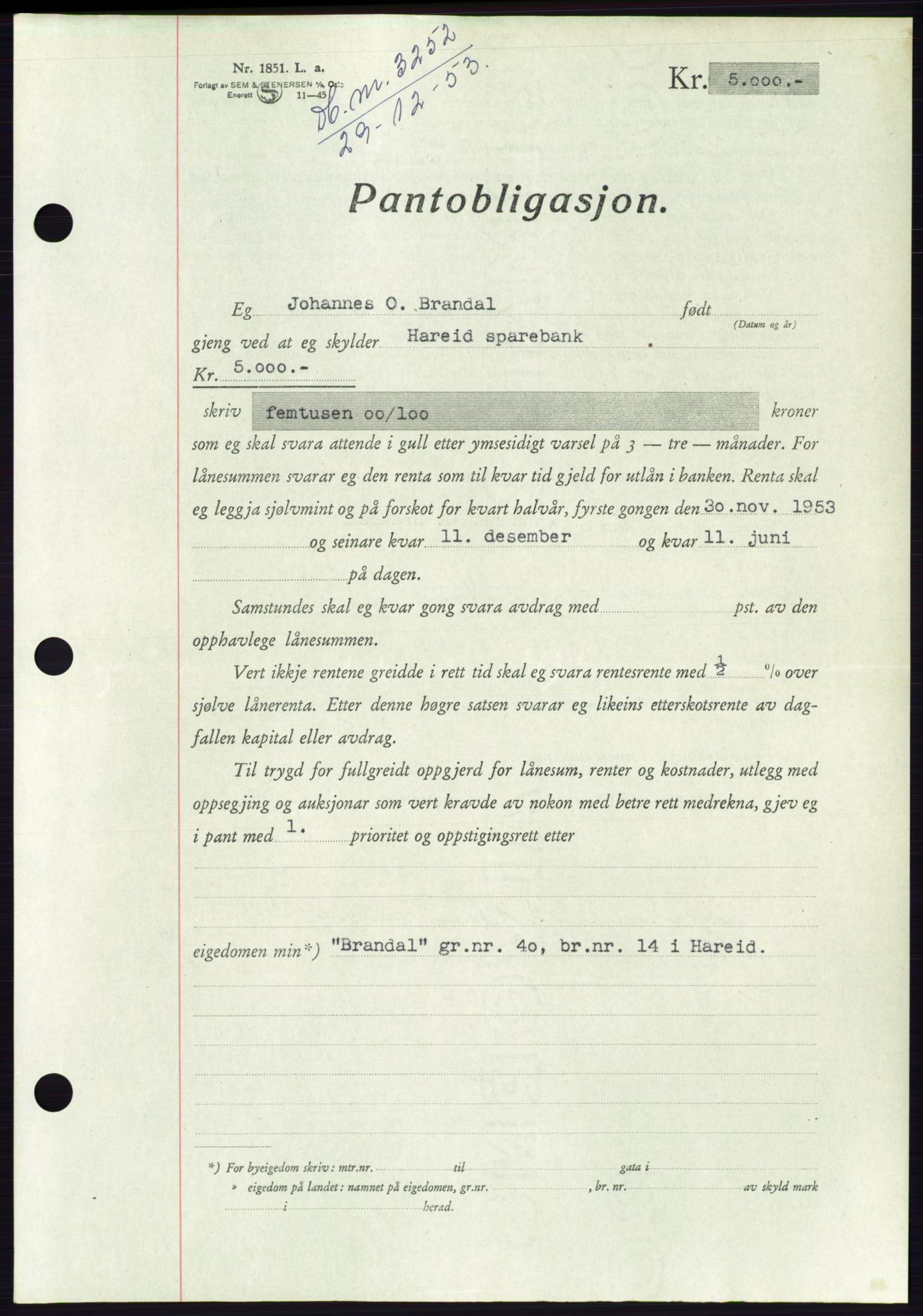 Søre Sunnmøre sorenskriveri, AV/SAT-A-4122/1/2/2C/L0124: Mortgage book no. 12B, 1953-1954, Diary no: : 3252/1953