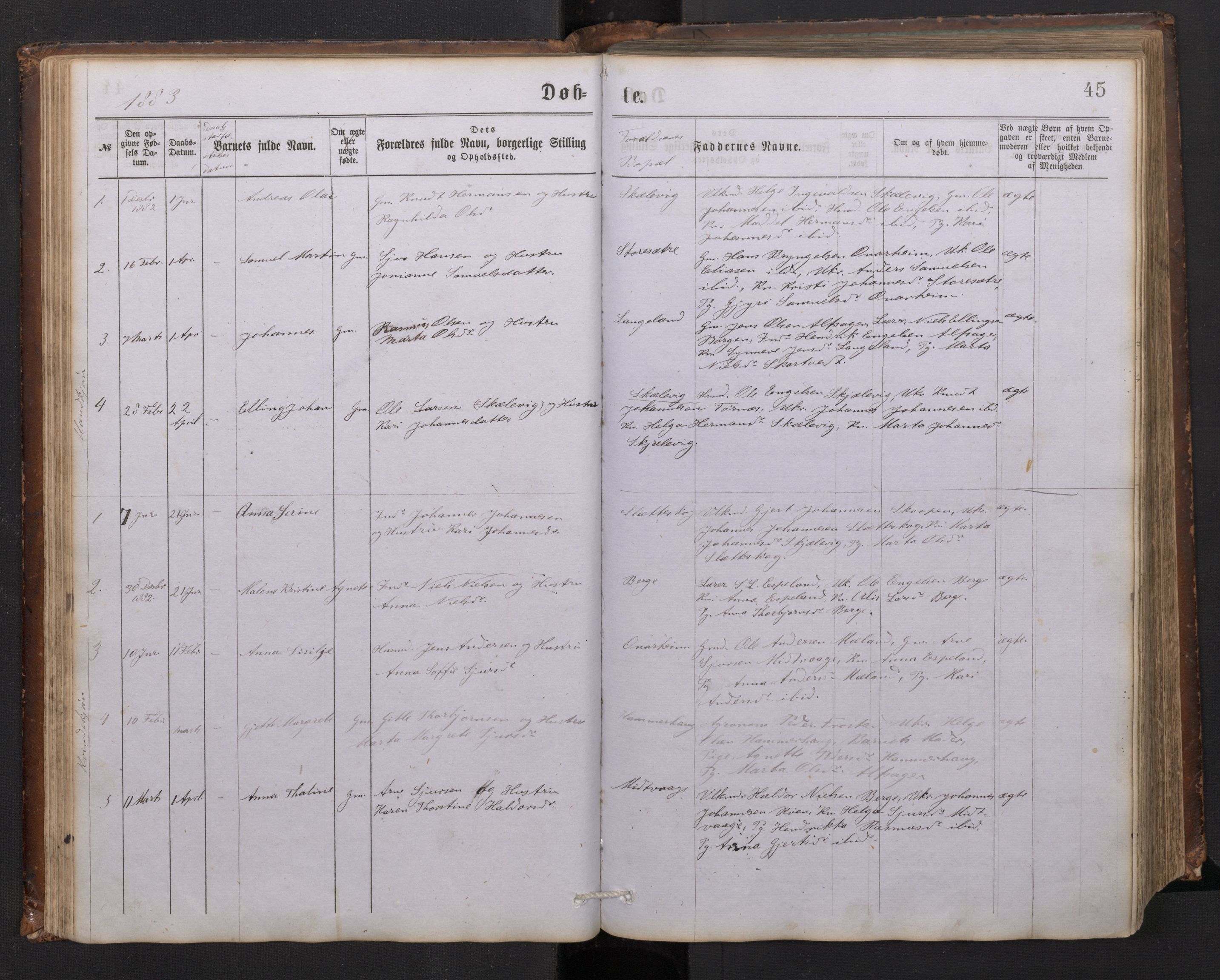 Tysnes sokneprestembete, SAB/A-78601/H/Hab: Parish register (copy) no. C 1, 1873-1895, p. 44b-45a
