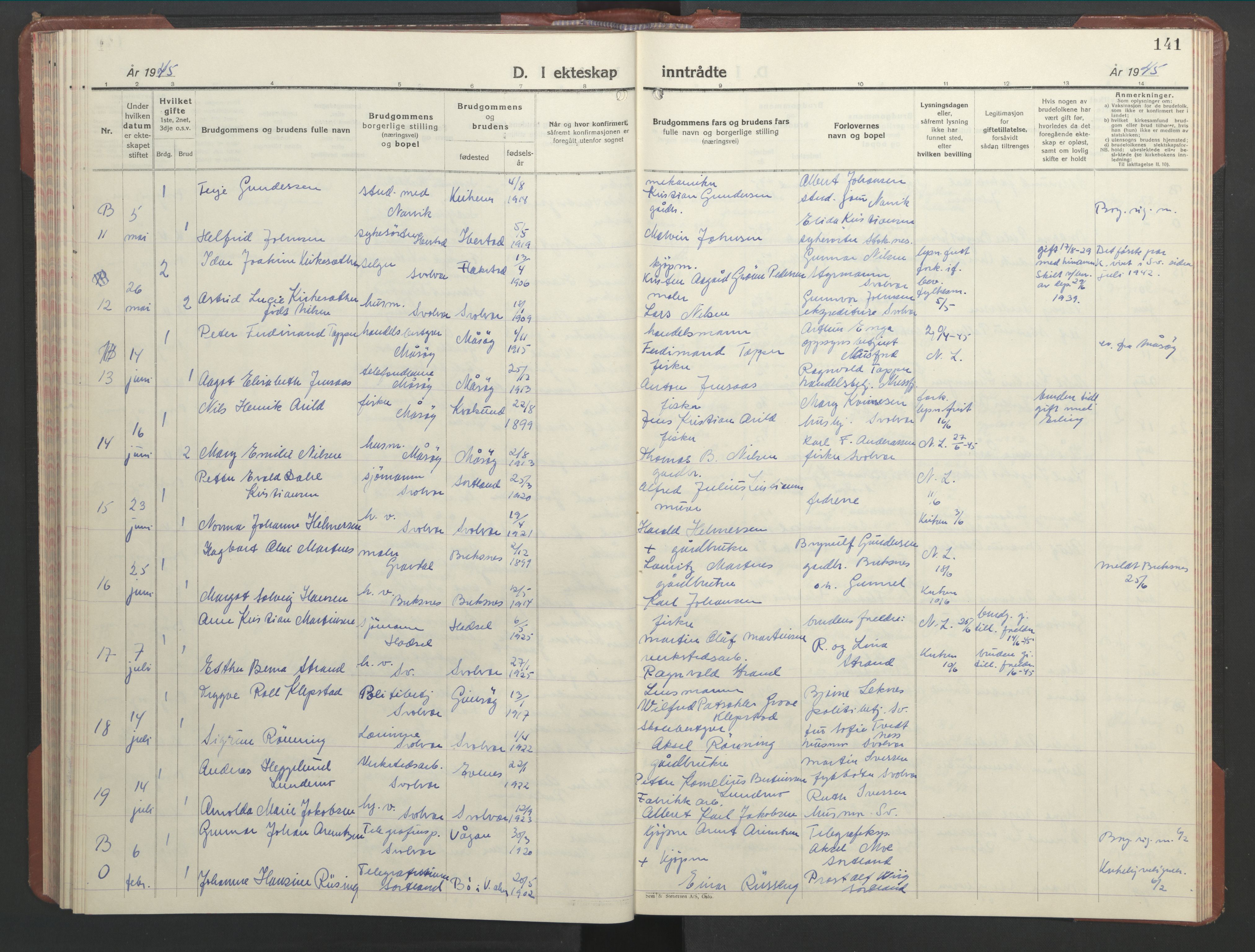 Ministerialprotokoller, klokkerbøker og fødselsregistre - Nordland, AV/SAT-A-1459/877/L1118: Parish register (copy) no. 877C02, 1939-1950, p. 141