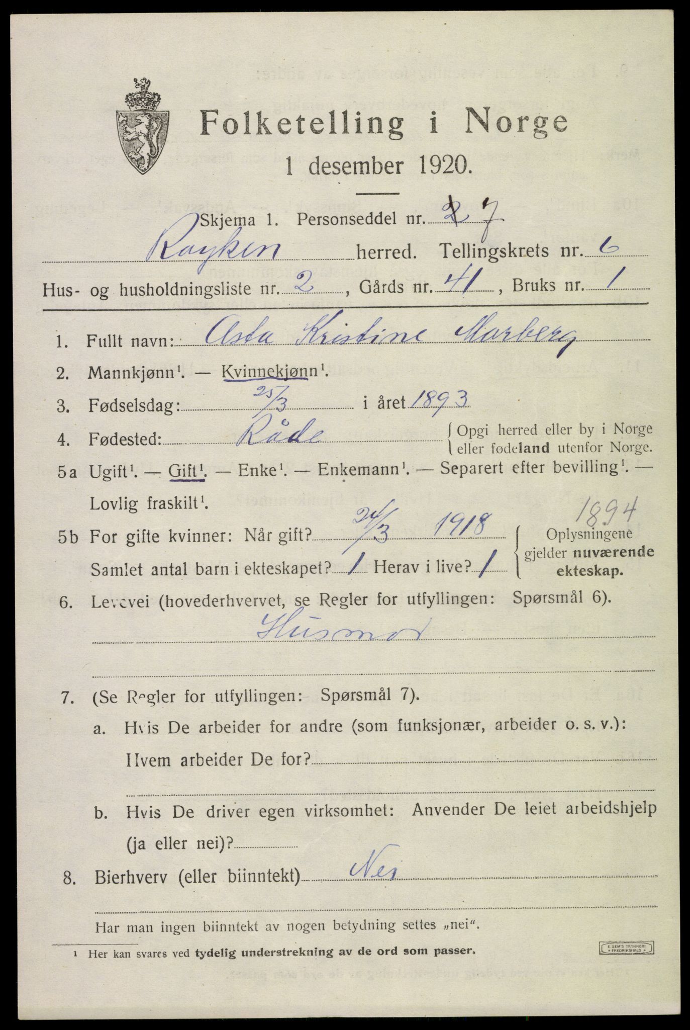 SAKO, 1920 census for Røyken, 1920, p. 9728