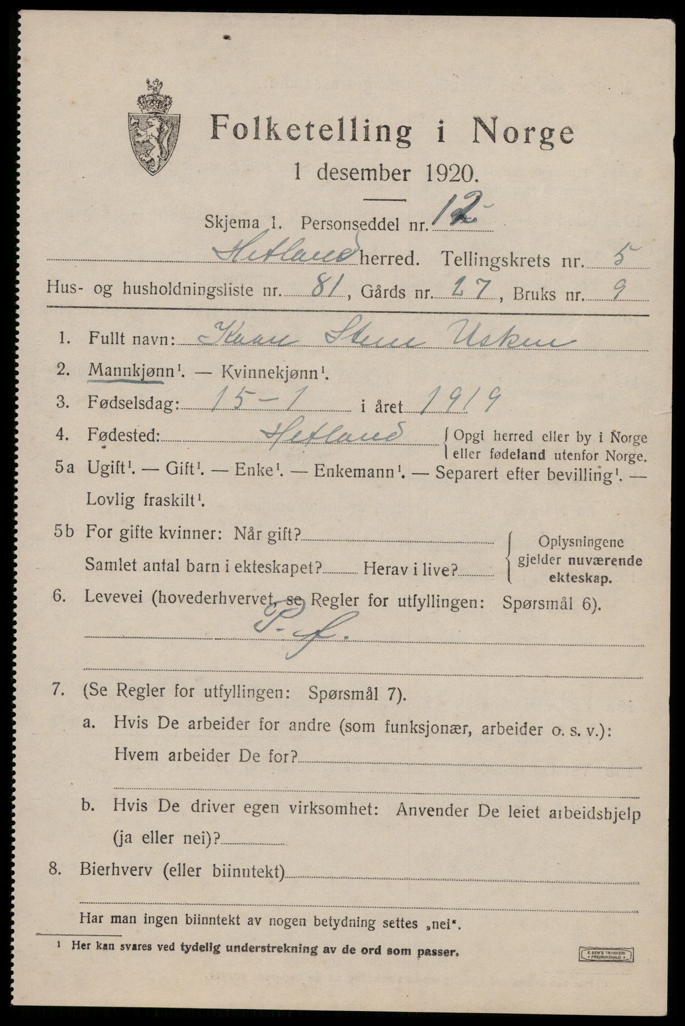 SAST, 1920 census for Hetland, 1920, p. 9445