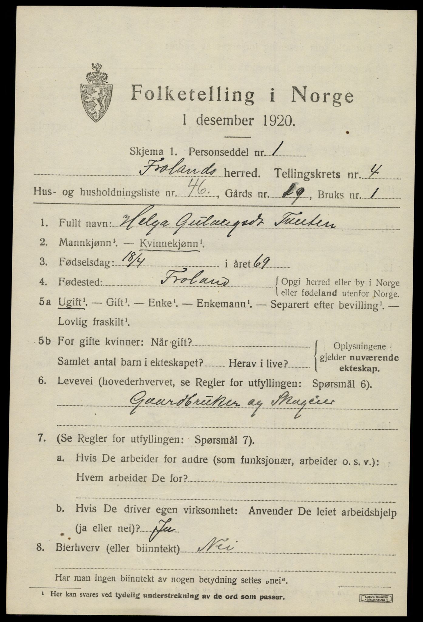 SAK, 1920 census for Froland, 1920, p. 3601