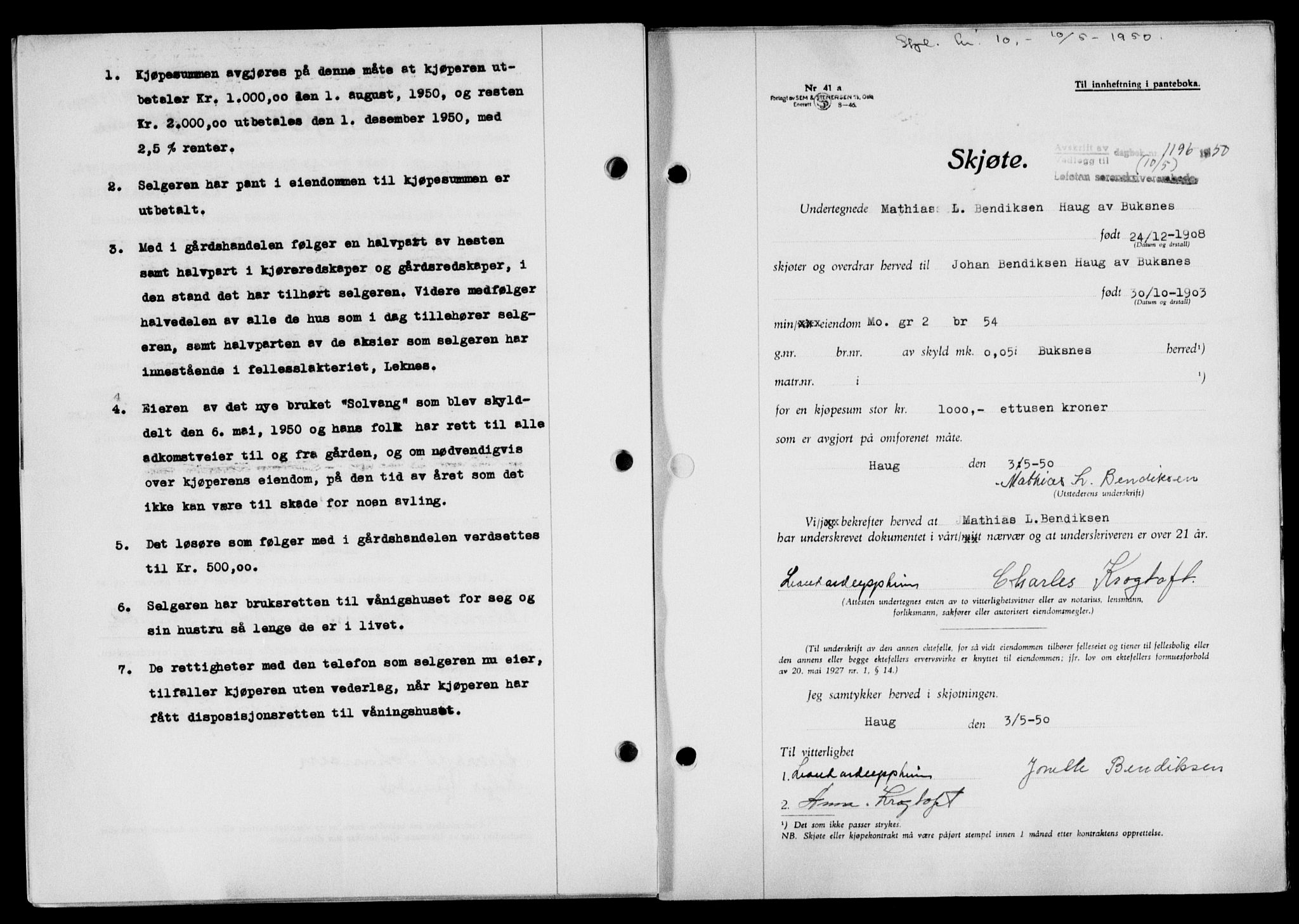 Lofoten sorenskriveri, SAT/A-0017/1/2/2C/L0023a: Mortgage book no. 23a, 1950-1950, Diary no: : 1196/1950