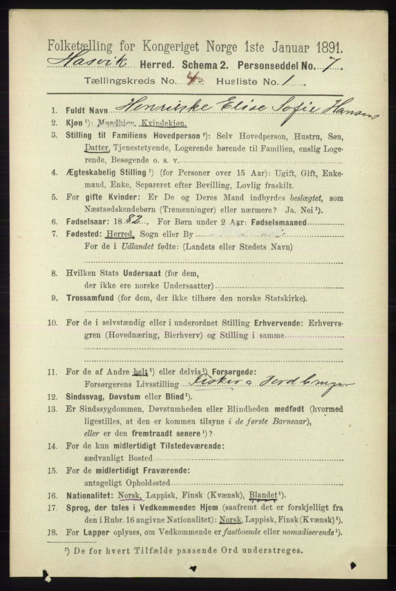 RA, 1891 census for 2015 Hasvik, 1891, p. 495