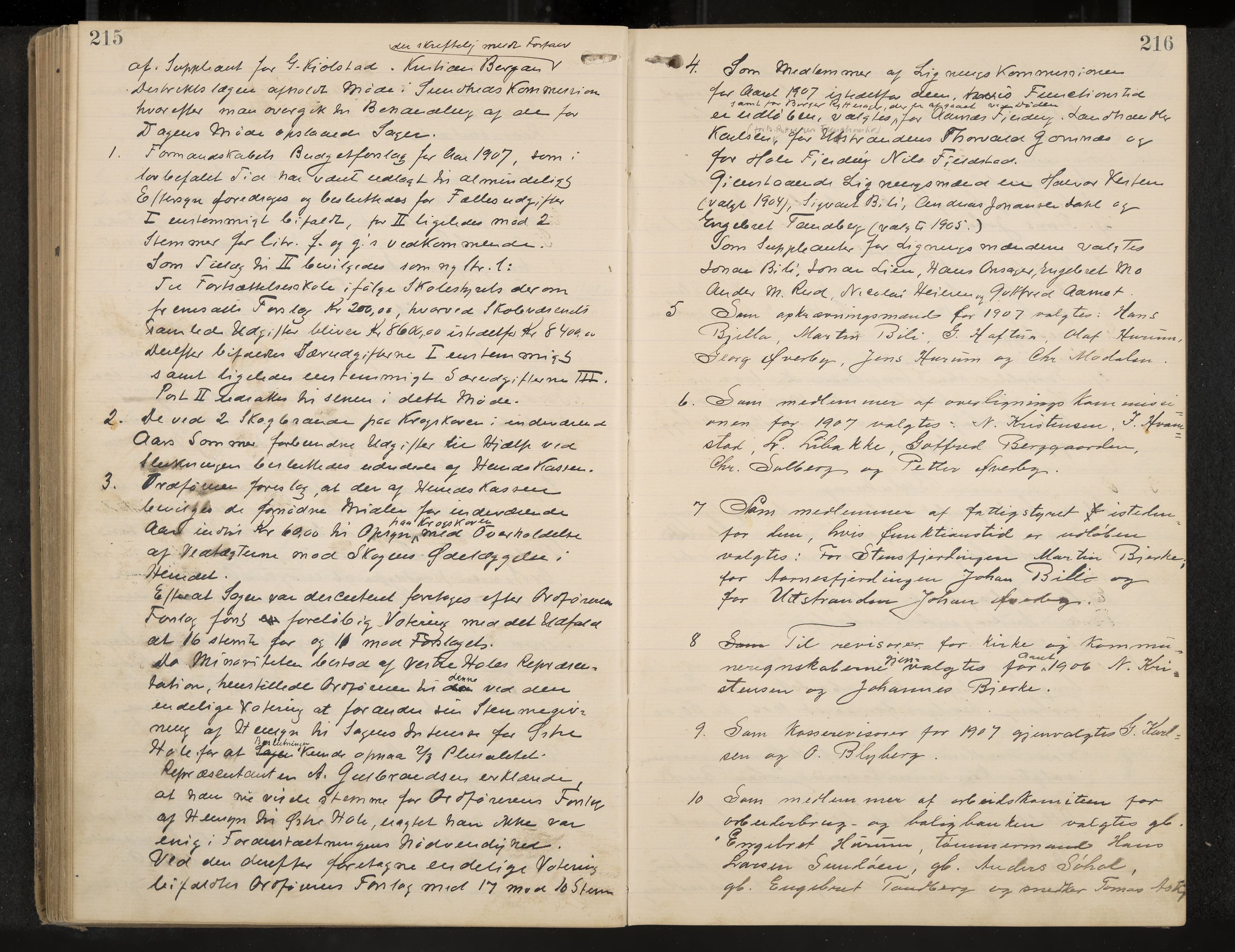 Hole formannskap og sentraladministrasjon, IKAK/0612021-1/A/Aa/L0004: Møtebok med register, 1902-1910, p. 215-216