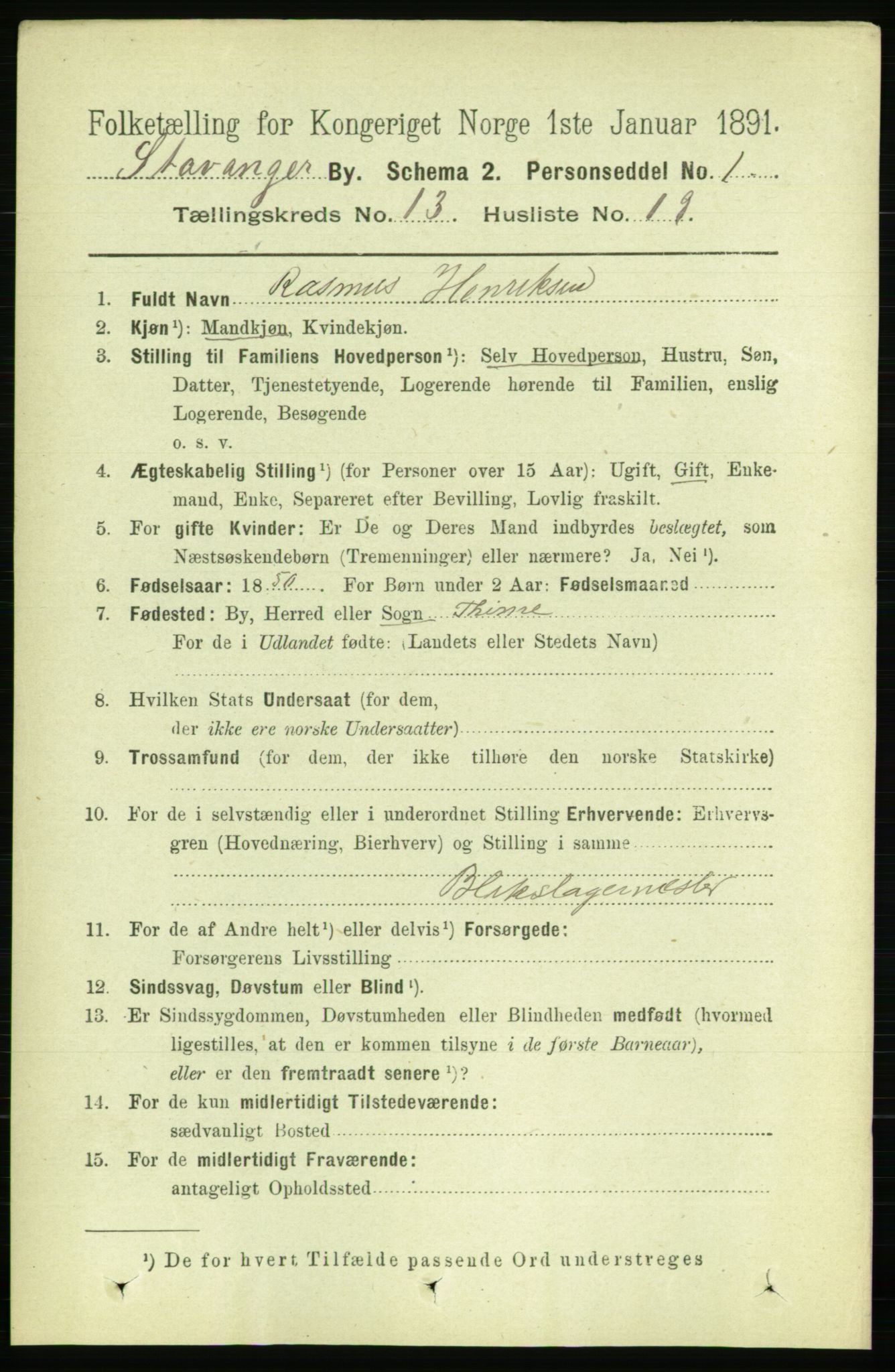 RA, 1891 census for 1103 Stavanger, 1891, p. 16148