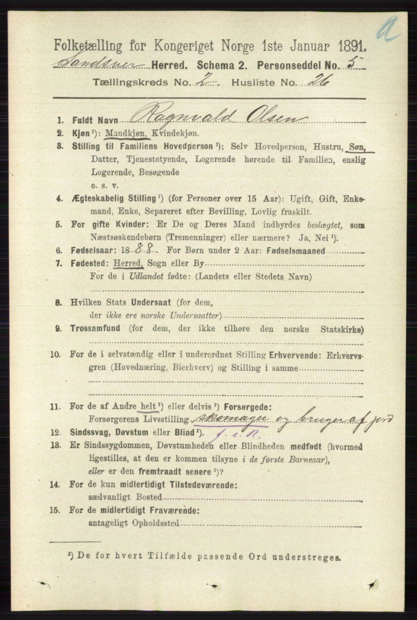 RA, 1891 census for 0629 Sandsvær, 1891, p. 836