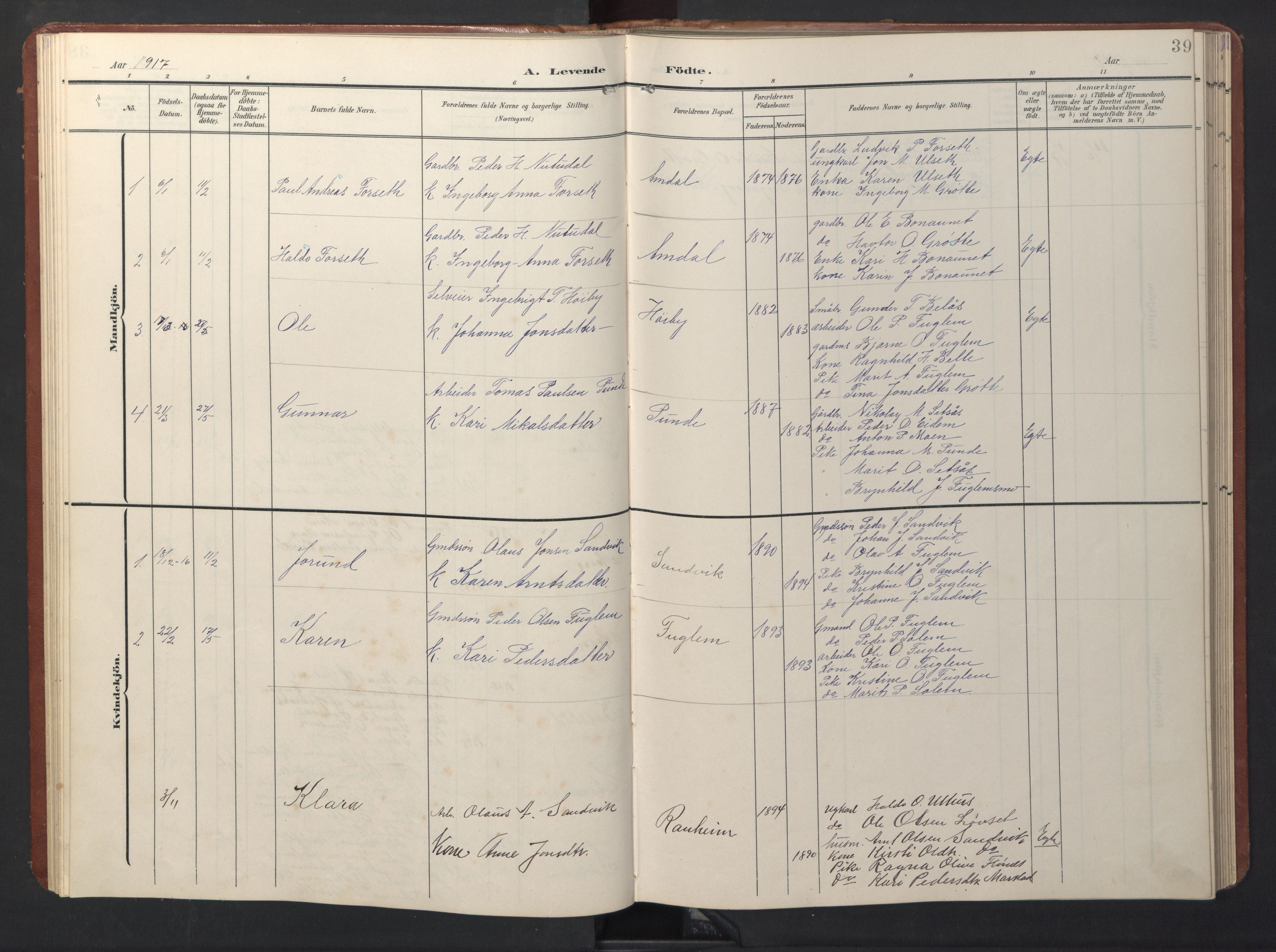 Ministerialprotokoller, klokkerbøker og fødselsregistre - Sør-Trøndelag, SAT/A-1456/696/L1161: Parish register (copy) no. 696C01, 1902-1950, p. 39