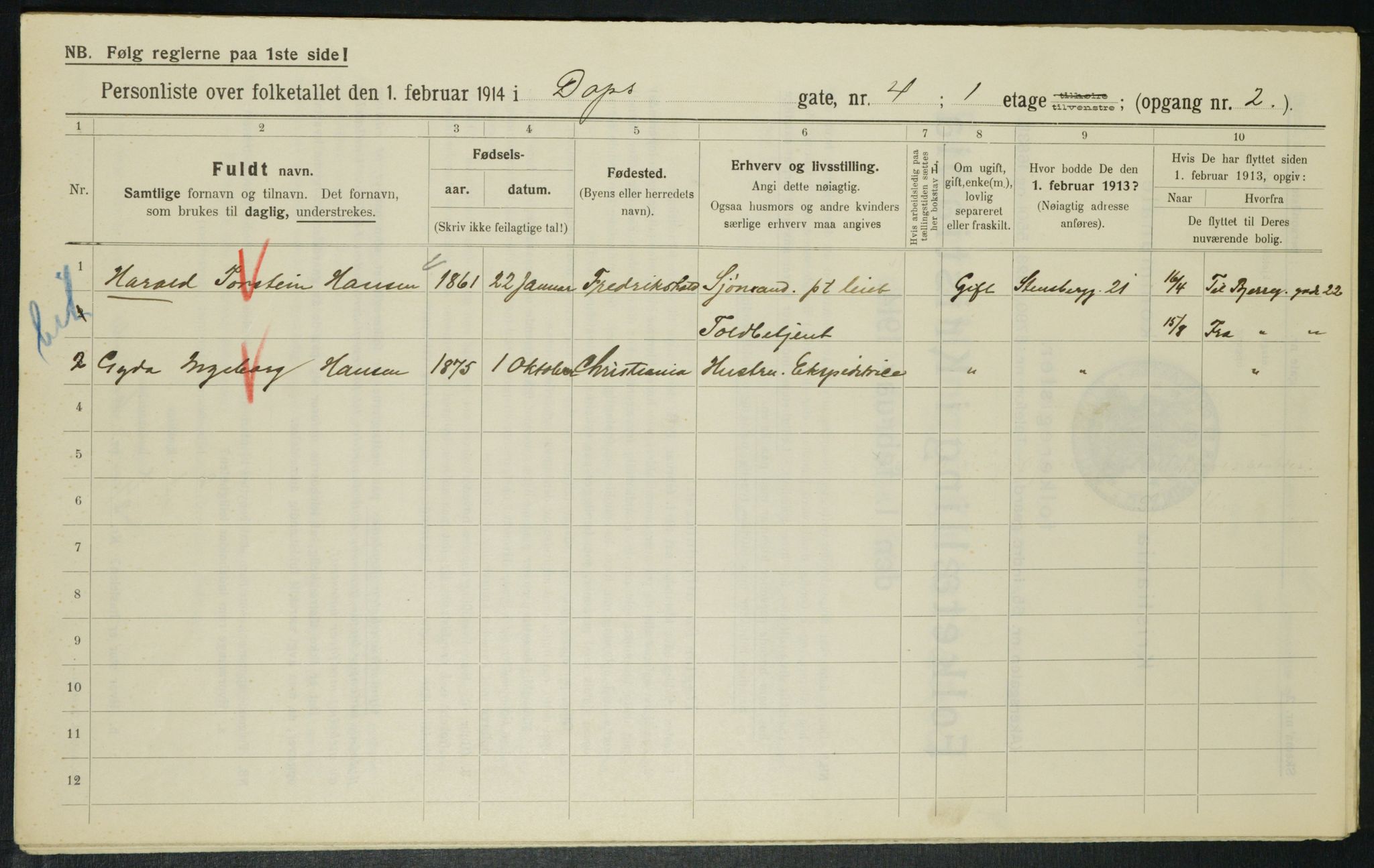 OBA, Municipal Census 1914 for Kristiania, 1914, p. 16034