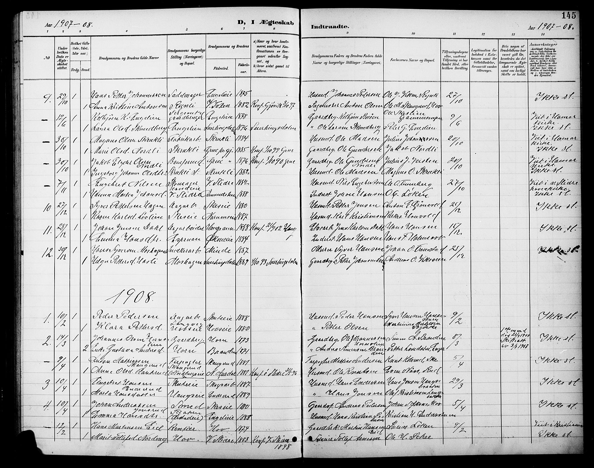 Søndre Land prestekontor, AV/SAH-PREST-122/L/L0004: Parish register (copy) no. 4, 1901-1915, p. 145