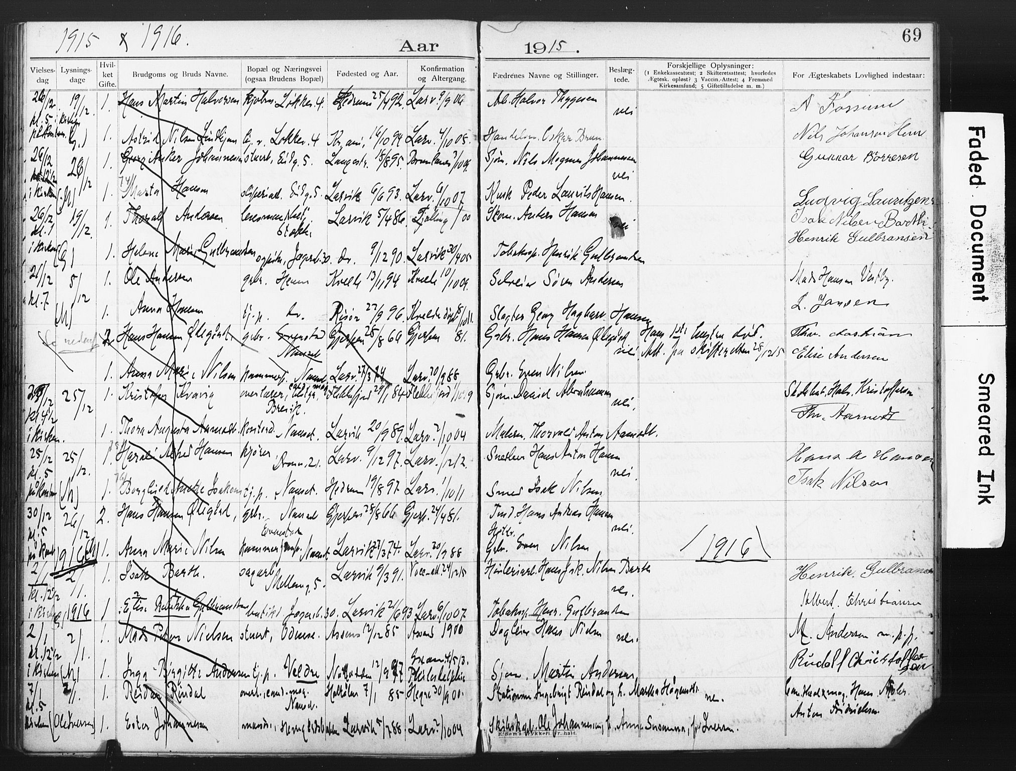 Larvik kirkebøker, AV/SAKO-A-352/H/Ha/L0003: Banns register no. 3, 1907-1918, p. 69