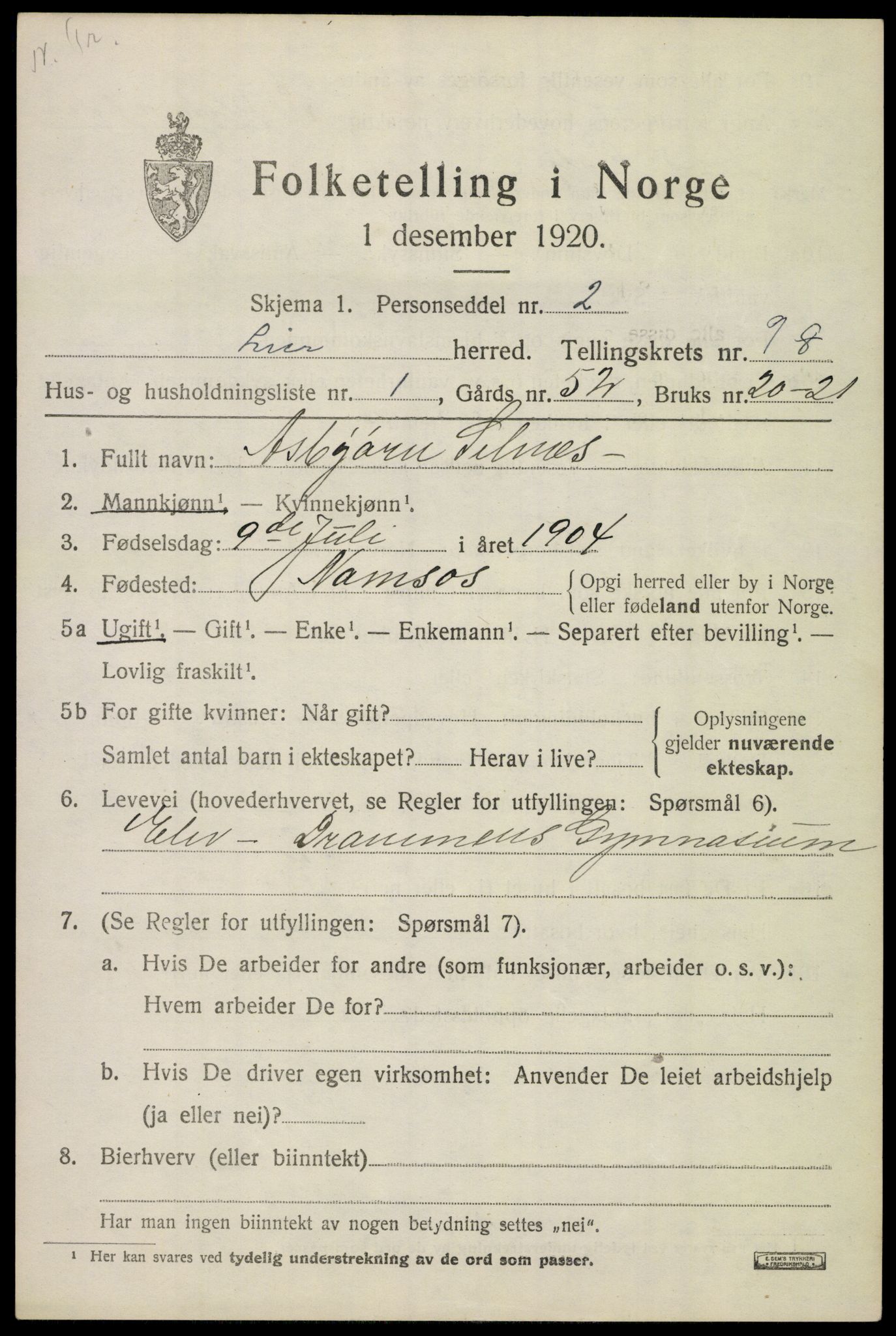 SAKO, 1920 census for Lier, 1920, p. 14802