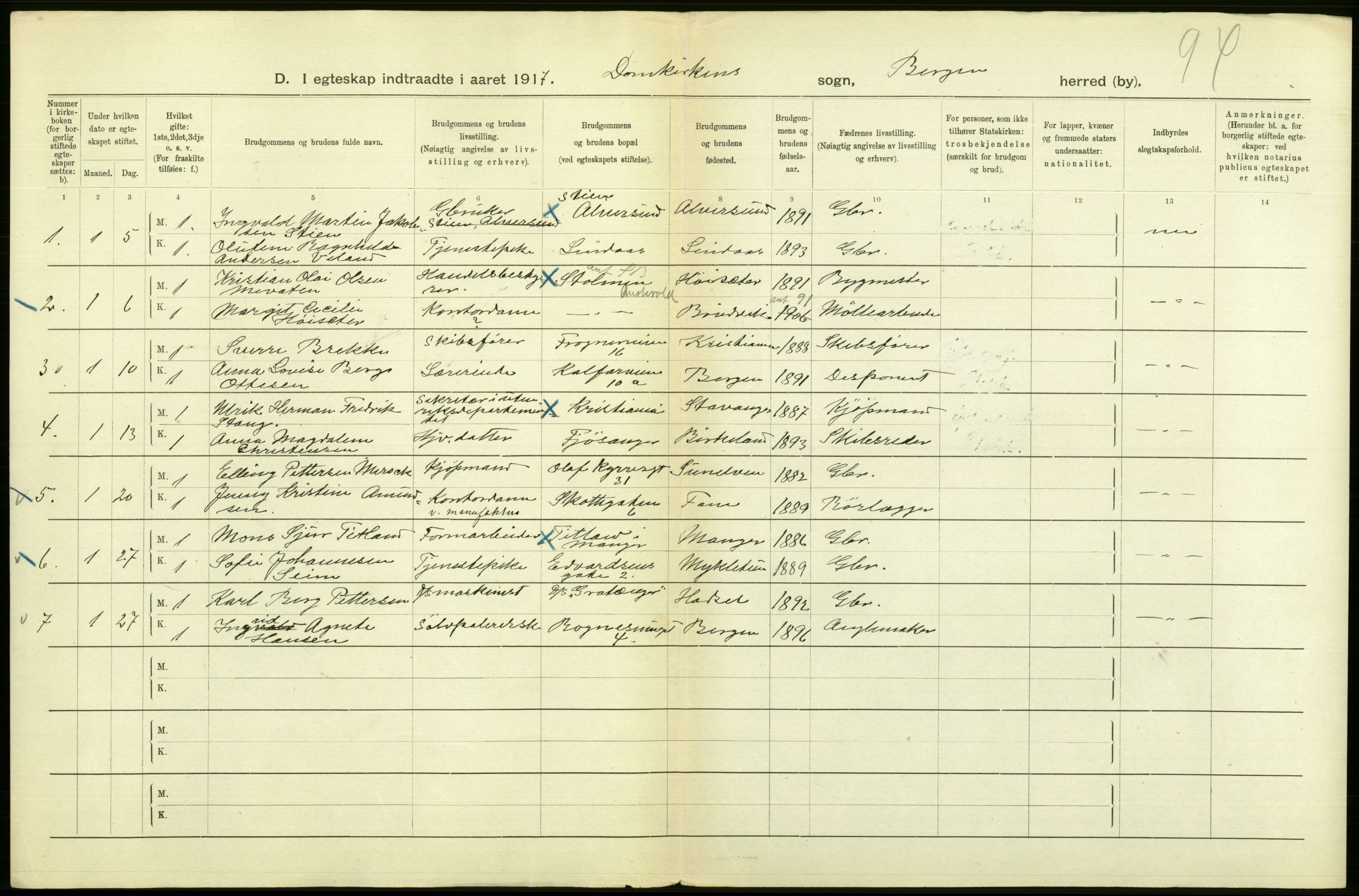 Statistisk sentralbyrå, Sosiodemografiske emner, Befolkning, AV/RA-S-2228/D/Df/Dfb/Dfbg/L0038: Bergen: Gifte, døde, dødfødte., 1917, p. 4