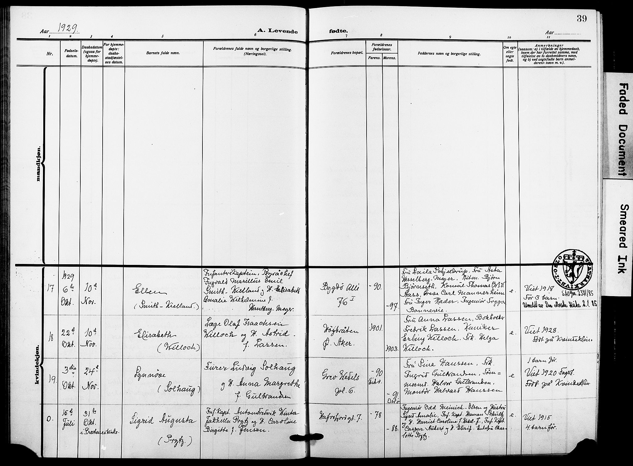 Garnisonsmenigheten Kirkebøker, AV/SAO-A-10846/F/Fa/L0016: Parish register (official) no. 16, 1922-1930, p. 39