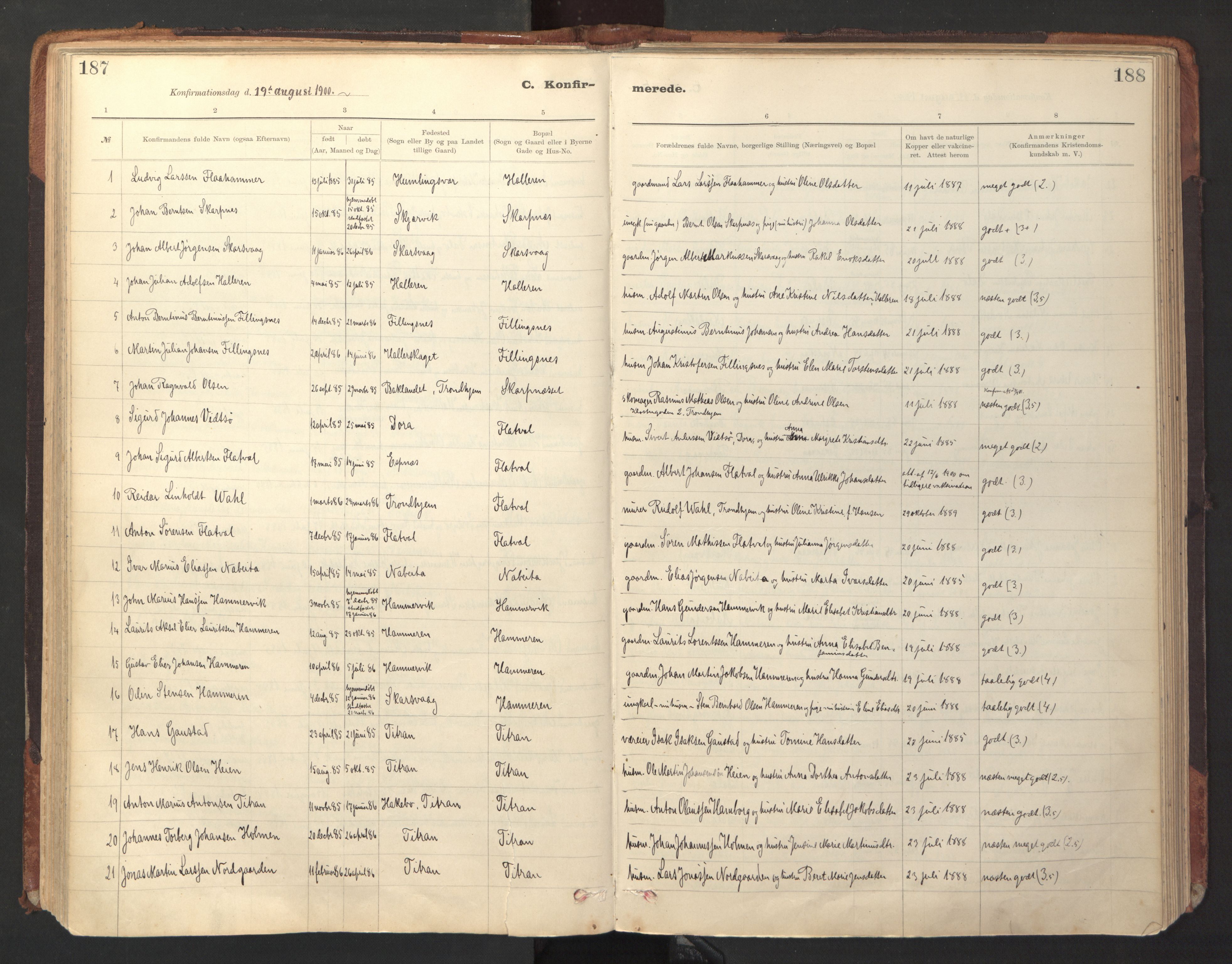 Ministerialprotokoller, klokkerbøker og fødselsregistre - Sør-Trøndelag, SAT/A-1456/641/L0596: Parish register (official) no. 641A02, 1898-1915, p. 187-188