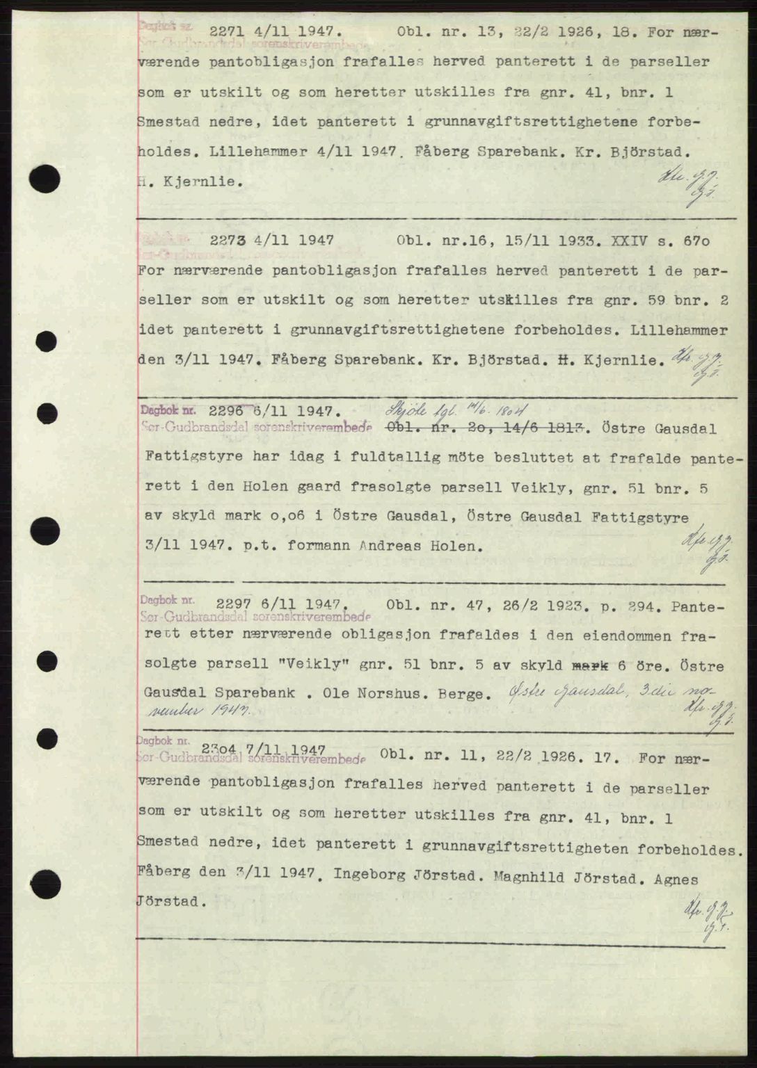 Sør-Gudbrandsdal tingrett, SAH/TING-004/H/Hb/Hbf/L0004: Mortgage book no. C5b, 1945-1951, Diary no: : 2271/1947