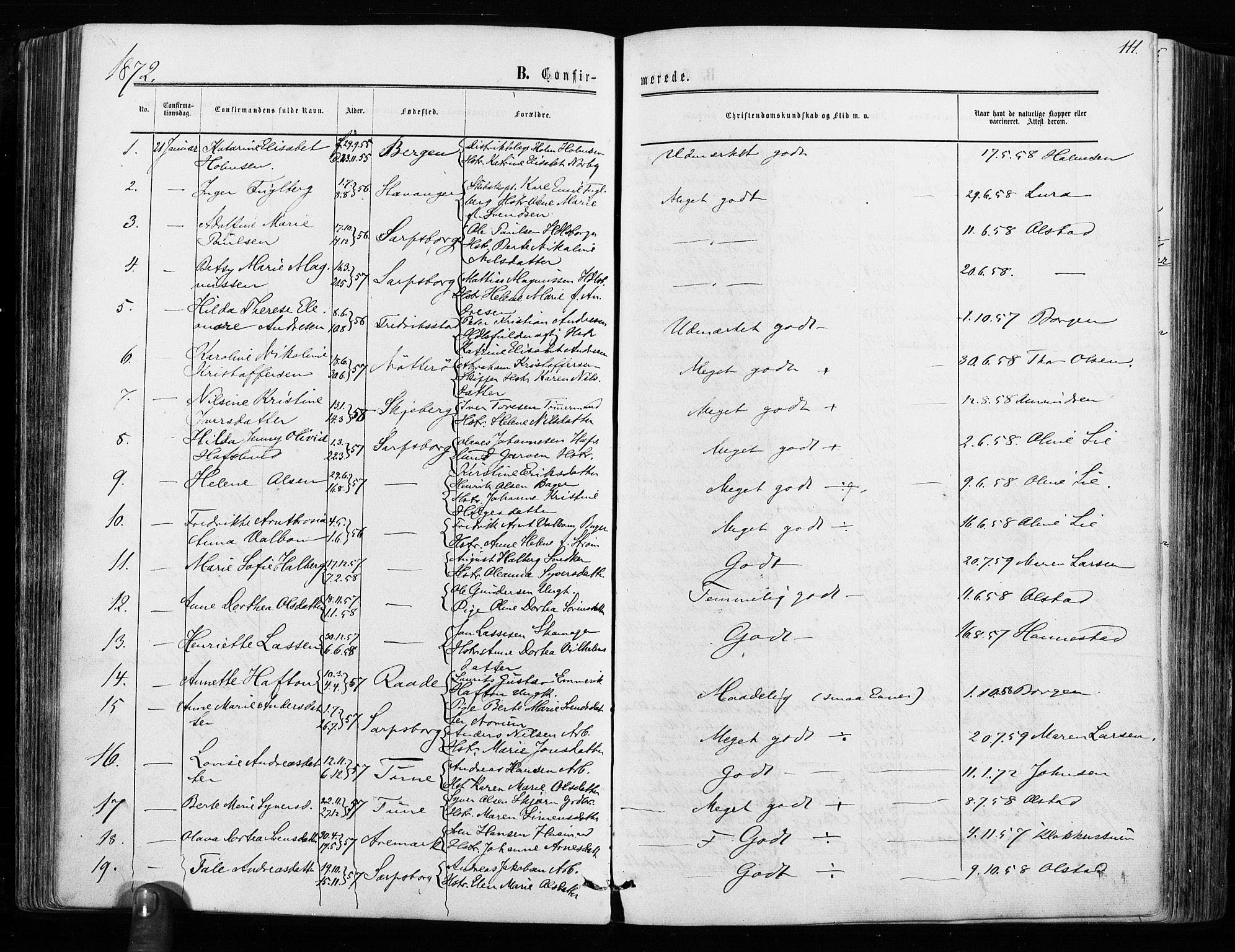 Sarpsborg prestekontor Kirkebøker, SAO/A-2006/F/Fa/L0002: Parish register (official) no. 2, 1869-1877, p. 111