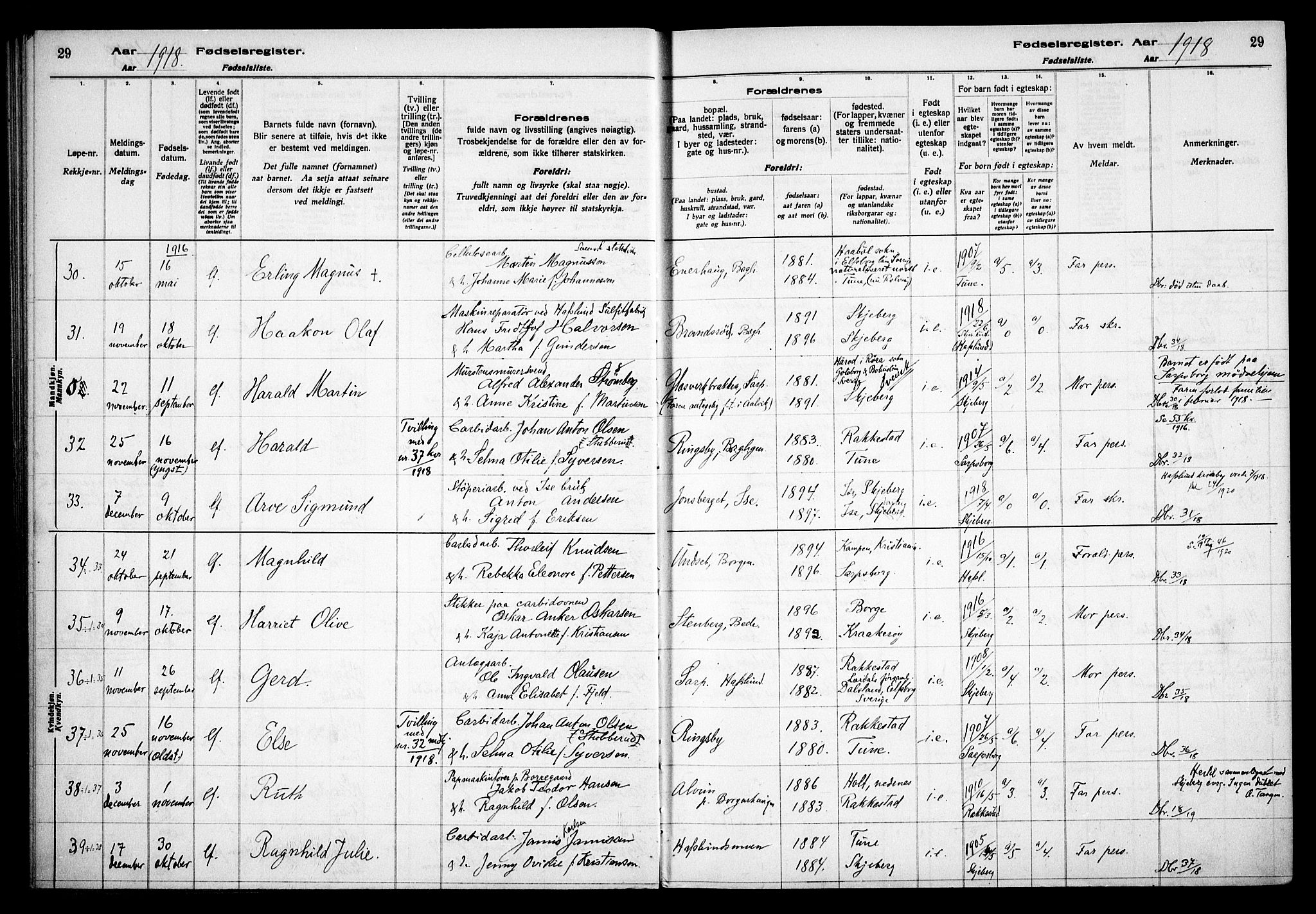 Skjeberg prestekontor Kirkebøker, AV/SAO-A-10923/J/Jd/L0001: Birth register no. IV 1, 1916-1935, p. 29