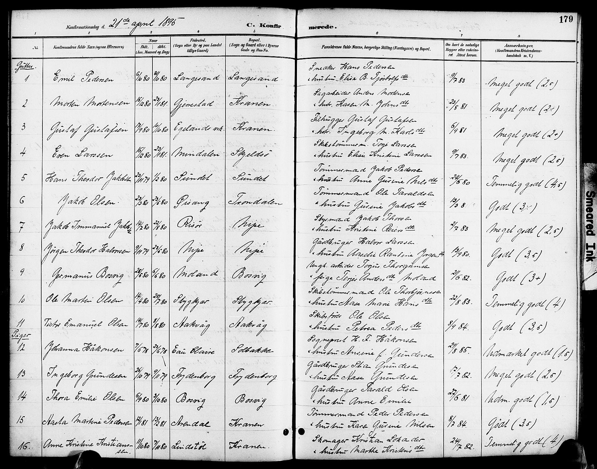 Søndeled sokneprestkontor, AV/SAK-1111-0038/F/Fa/L0005: Parish register (official) no. A 5, 1889-1899, p. 179