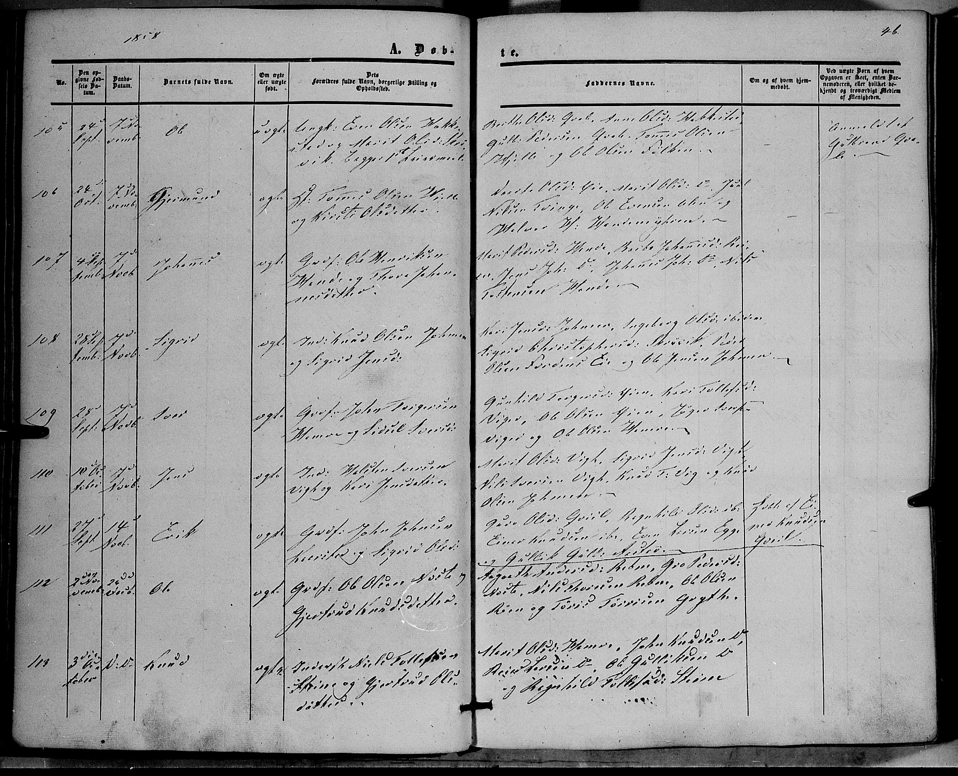 Vestre Slidre prestekontor, SAH/PREST-136/H/Ha/Haa/L0002: Parish register (official) no. 2, 1856-1864, p. 46