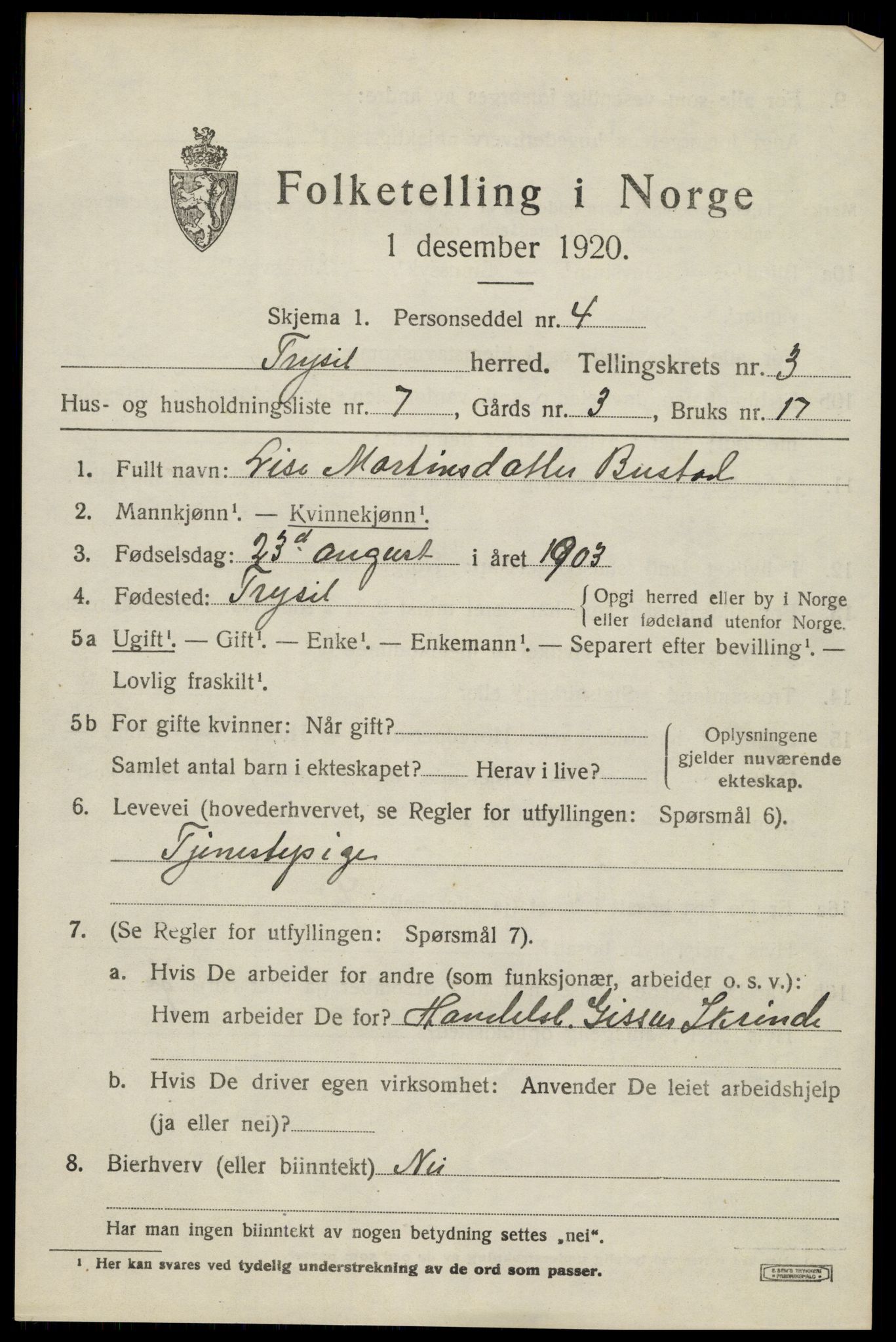 SAH, 1920 census for Trysil, 1920, p. 3561