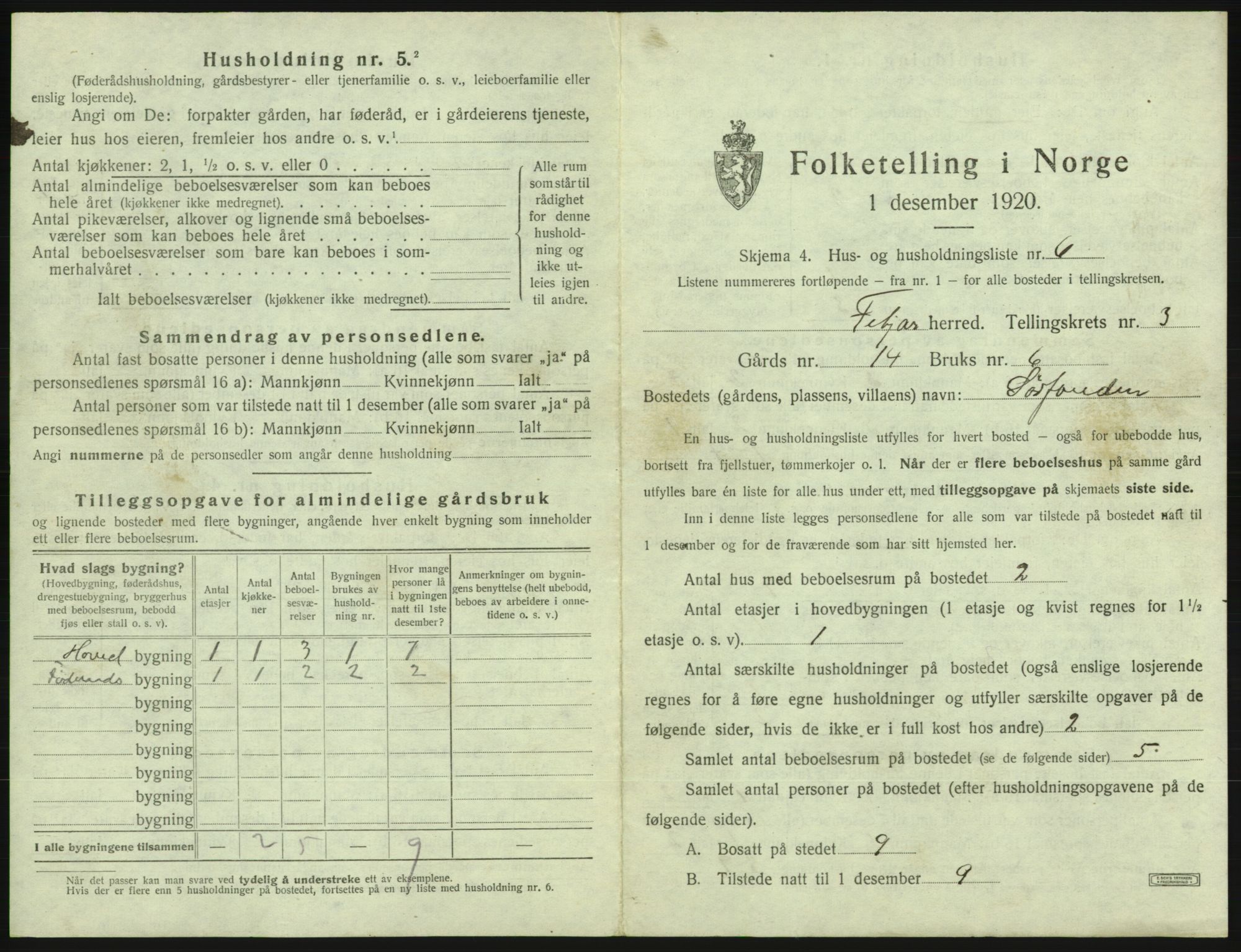 SAB, 1920 census for Fitjar, 1920, p. 252