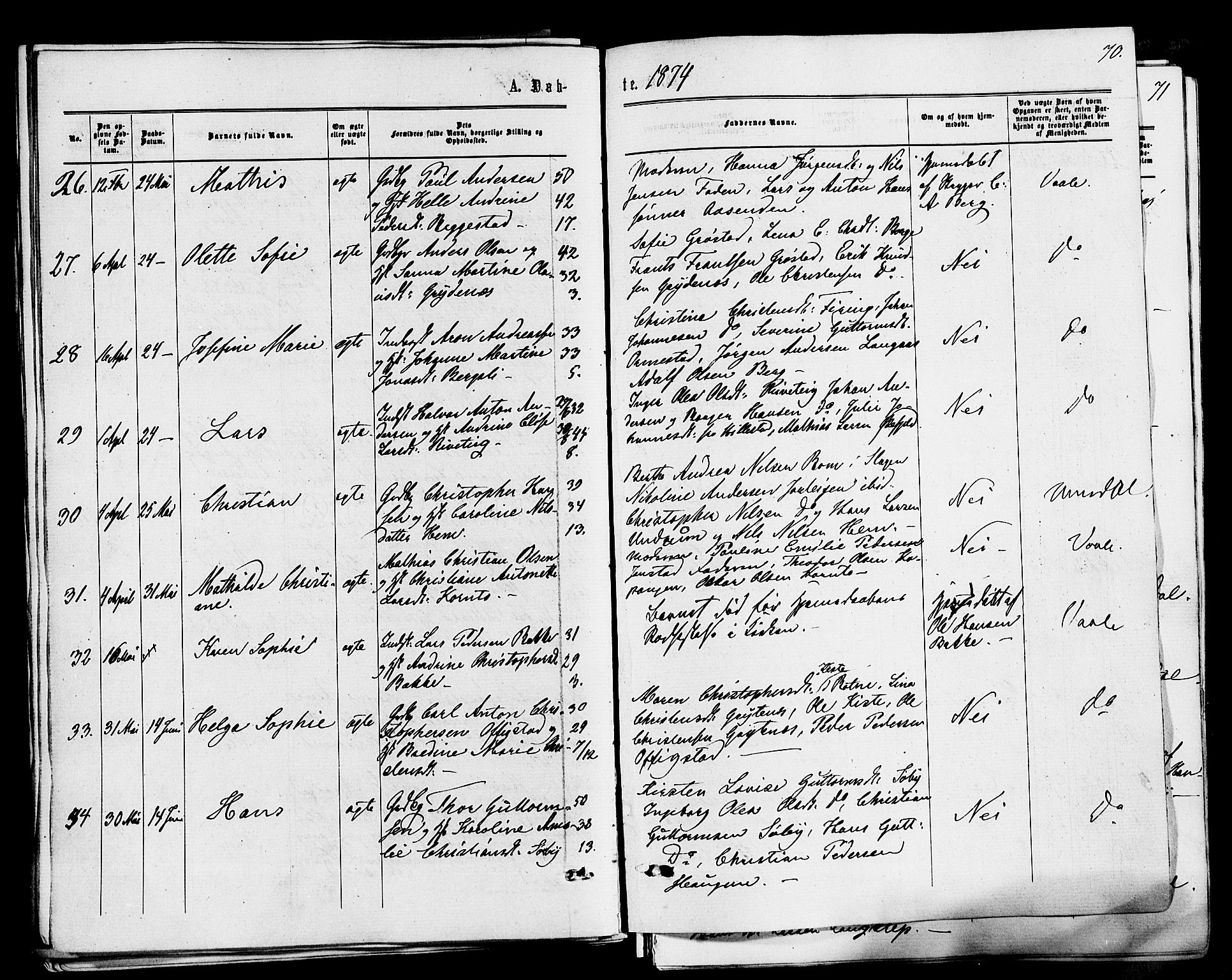 Våle kirkebøker, AV/SAKO-A-334/F/Fa/L0010: Parish register (official) no. I 10, 1861-1877, p. 70