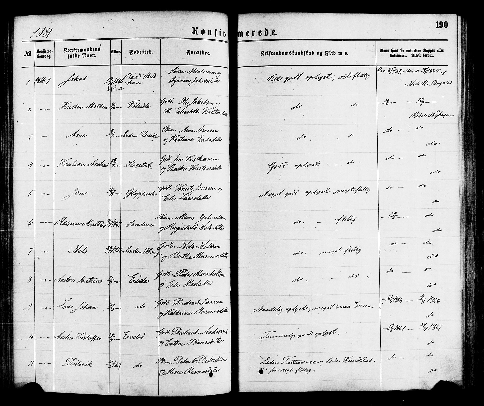 Gloppen sokneprestembete, AV/SAB-A-80101/H/Haa/Haaa/L0010: Parish register (official) no. A 10, 1871-1884, p. 190