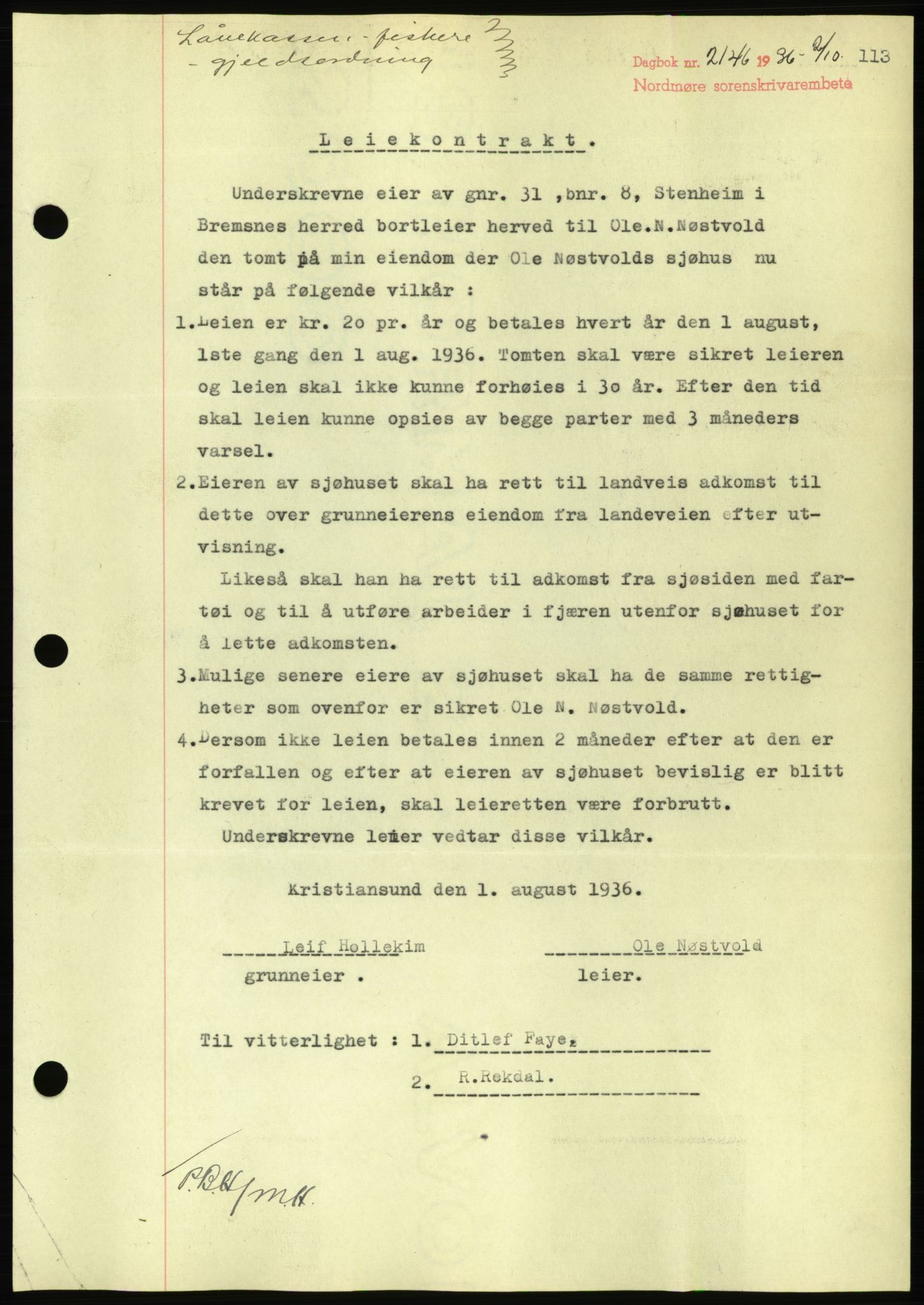 Nordmøre sorenskriveri, AV/SAT-A-4132/1/2/2Ca/L0090: Mortgage book no. B80, 1936-1937, Diary no: : 2146/1936